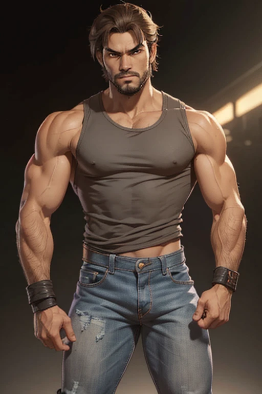 Tekken-style character, young man about 30 years old, physique of a fighter, young man with Latin American features, light brown eyes, short shoulder-length hair with long bangs, soft beard, in a gray tank top, tight jeans, fighting bands in his hands