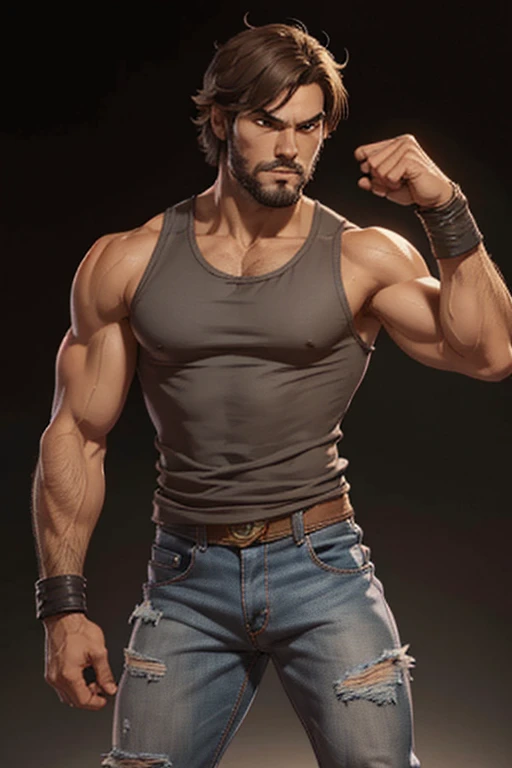 Tekken-style character, young man about 30 years old, physique of a fighter, young man with Latin American features, light brown eyes, short shoulder-length hair with long bangs, soft beard, in a gray tank top, tight jeans, fighting bands in his hands