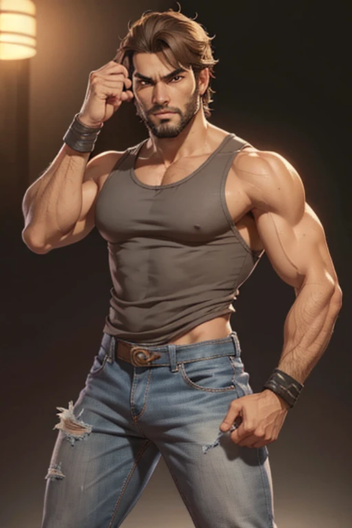 Tekken-style character, young man about 30 years old, physique of a fighter, young man with Latin American features, light brown eyes, short shoulder-length hair with long bangs, soft beard, in a gray tank top, tight jeans, fighting bands in his hands