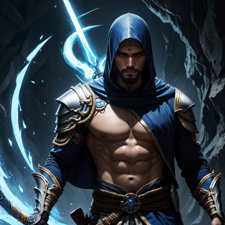 Monje hombre semielfo cuerpo completo con armadura completa tipo assasin con cabello corto una espada en una mano y magia en la otra mano moreno ojos azules cara enojada