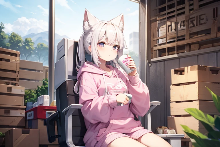 A white-haired girl wearing a pink hoodie is sitting while drinking a box of milk