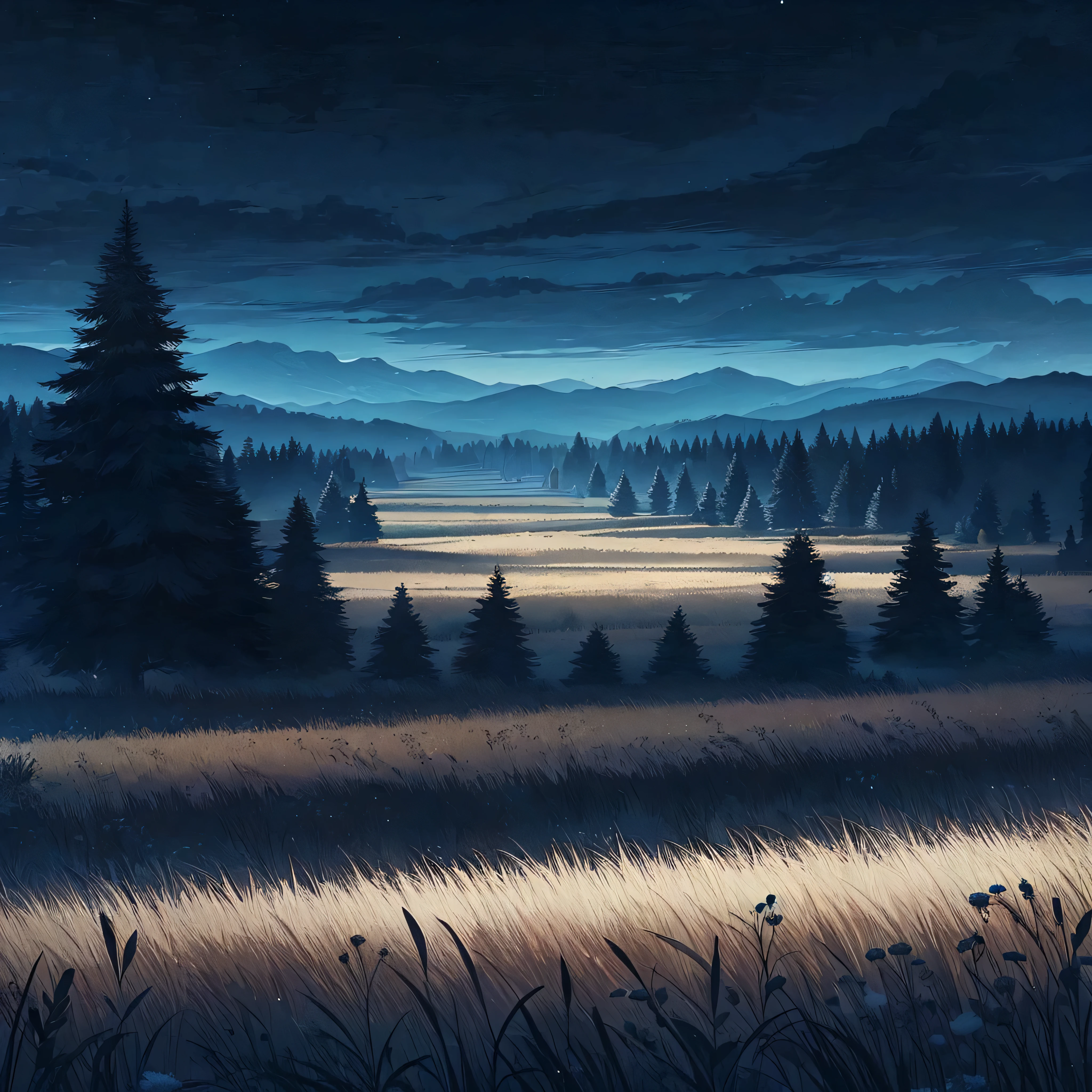 Canary night, montanhas distantes, pine trees, campo aberto e lugar amplo, flat land, animation style, 2D, animation,