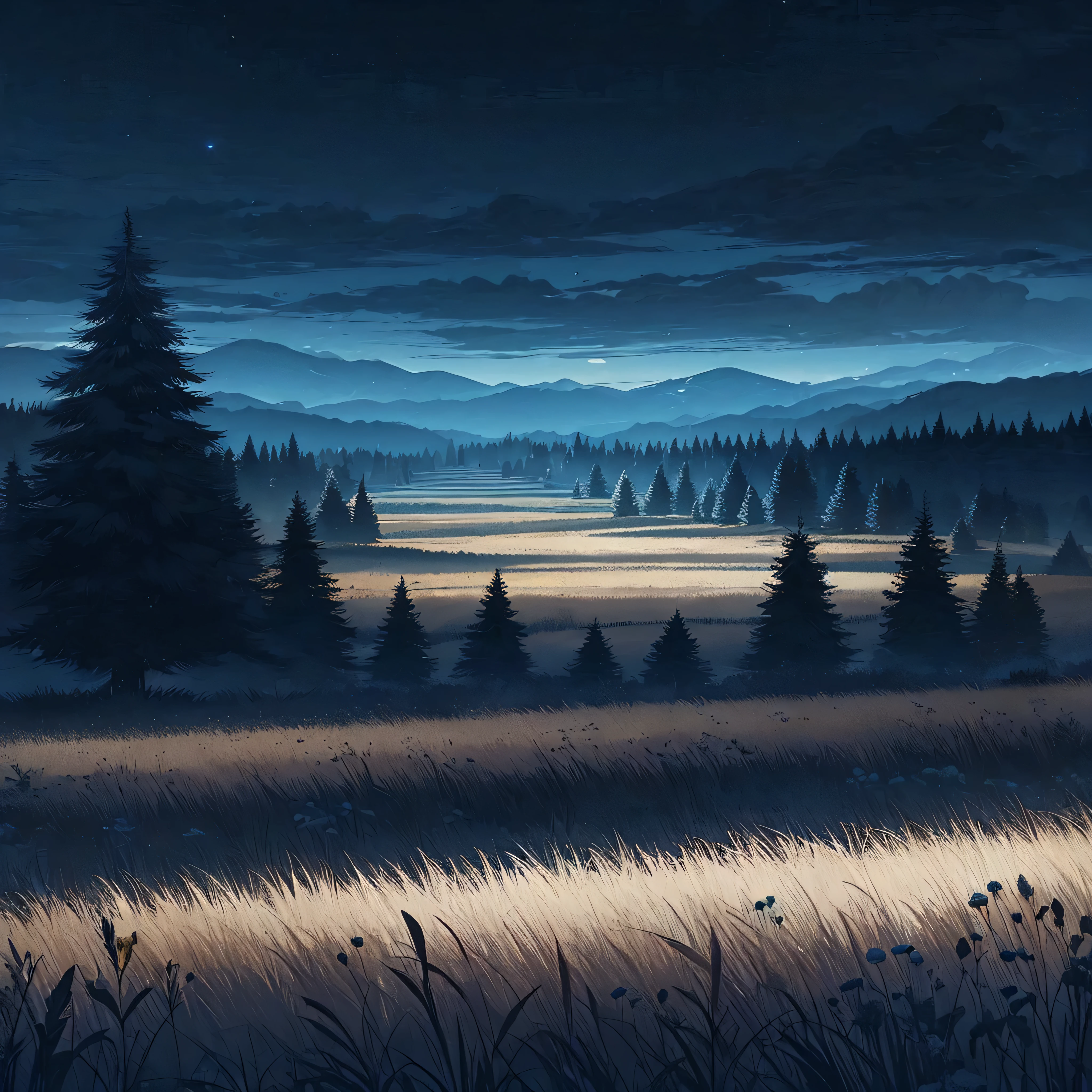 Canary night, montanhas distantes, pine trees, campo aberto e lugar amplo, flat land, animation style, 2D, animation,