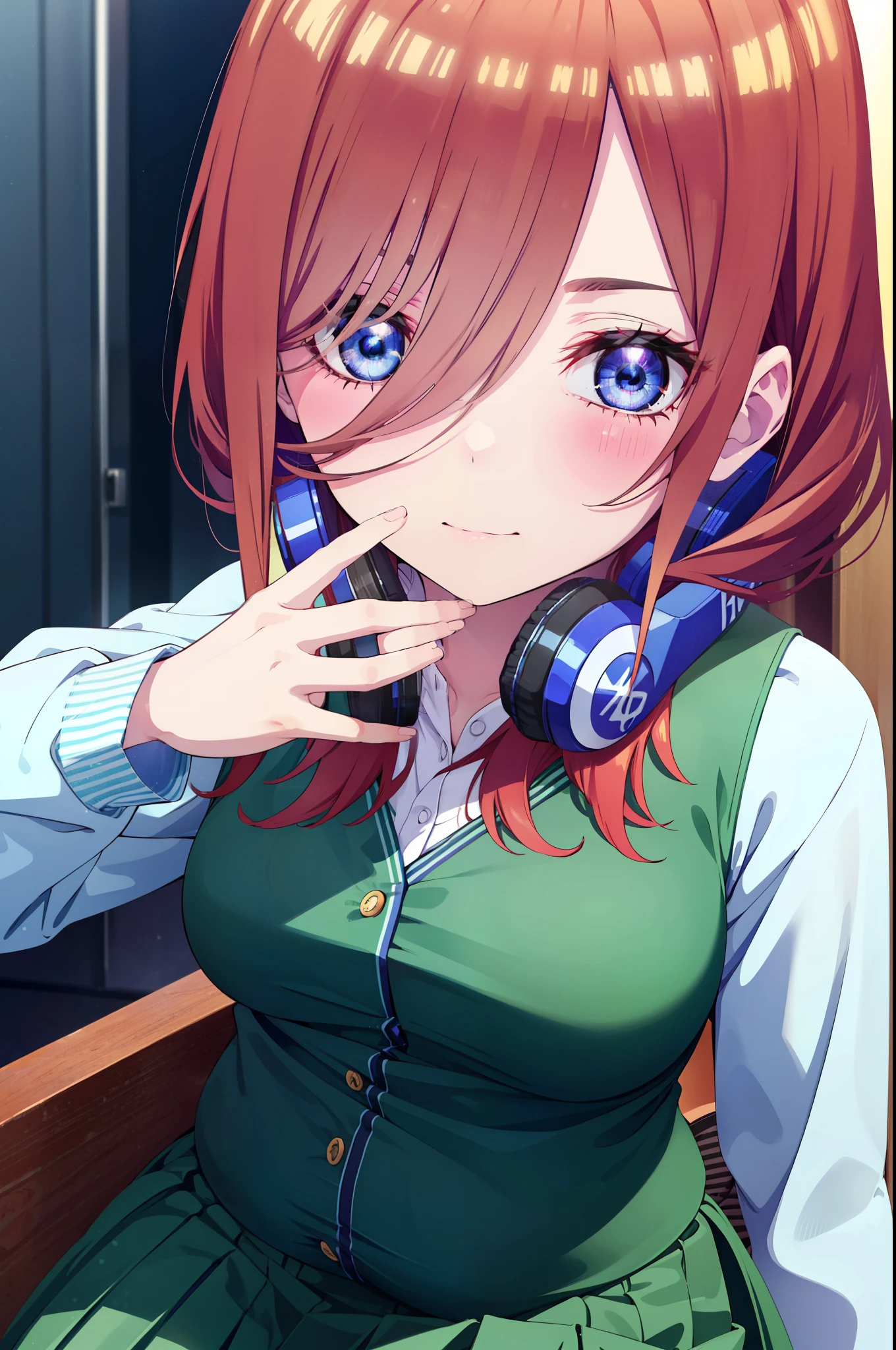Mikunakano, Miku Nakano, Long Hair, bangs, blue eyes, Brown Hair, shirt, Hair between the eyes, cardigan, Headphones around neck,smile,blush,During pregnancy, childbirth, work, During pregnancyのお腹を抱きしめる,
break skirt, shirt, Long sleeve, white shirt, pantyhose, Pleated skirt, black pantyhose, cardigan, Green Skirt, blue cardigan,
break indoors, room,
break looking at viewer,
break (masterpiece:1.2), highest quality, High resolution, unity 8k wallpaper, (figure:0.8), (Beautiful fine details:1.6), Highly detailed face, Perfect lighting, Highly detailed CG, (Perfect hands, Perfect Anatomy),