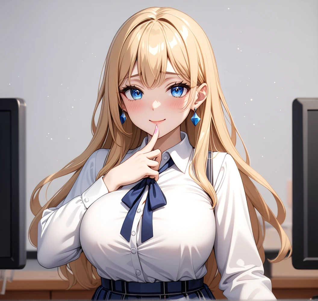 (One girl), Beautiful smile,Embarrassed face, Close your mouth,Glossy Lips,Abstract, School, masterpiece, highest quality, so beautiful, Absurd, up to date, Complex details,(Touch your face with your hands), Pink long nails,AI-generated, Complex,High resolution, highest quality, super high quality,3D Images、View the viewers、3D Images,one person,anime girl with long blonde hair and blue eyes posing for a picture, [[Fine grain、Colorful eyes、Shining Eyes:1.15]],Close your eyes for a moment,a hyperRealistic , hyperRealistic , Realistic , blonde anime girl with long hair, Smooth anime CG art, Beautiful anime school girl,White long sleeve blouse,Blue checked skirt,Big blue chest ribbon, Earrings,(Large Breasts:1.3), Mature Body,Fine details,Abdominal muscles,Blushing