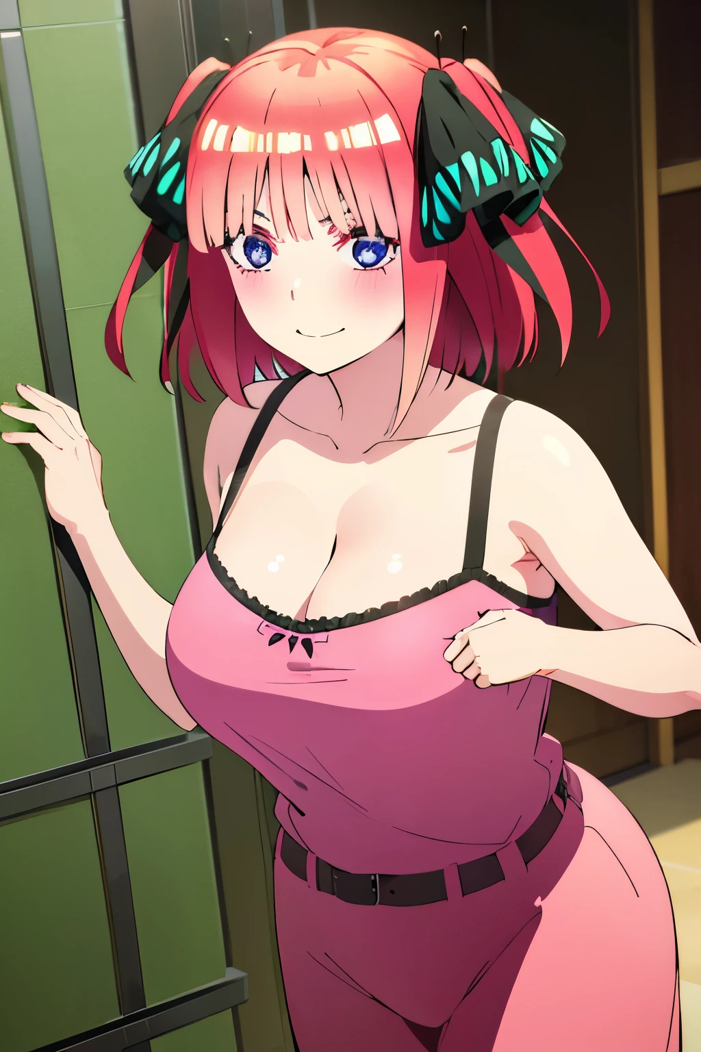 1girl, masterpiece, solo, high quality, huge breast, bright breasts, looking into camera, safe, shining , blush face, cleavage, standing, cleavage, wanostyle, nino nakano, short hair, bangs, blue eyes, hair ornament, hair ribbon, pink hair, blunt bangs, two side up, butterfly hair ornament, wear pink lace bra, cleavage, smile, happy,