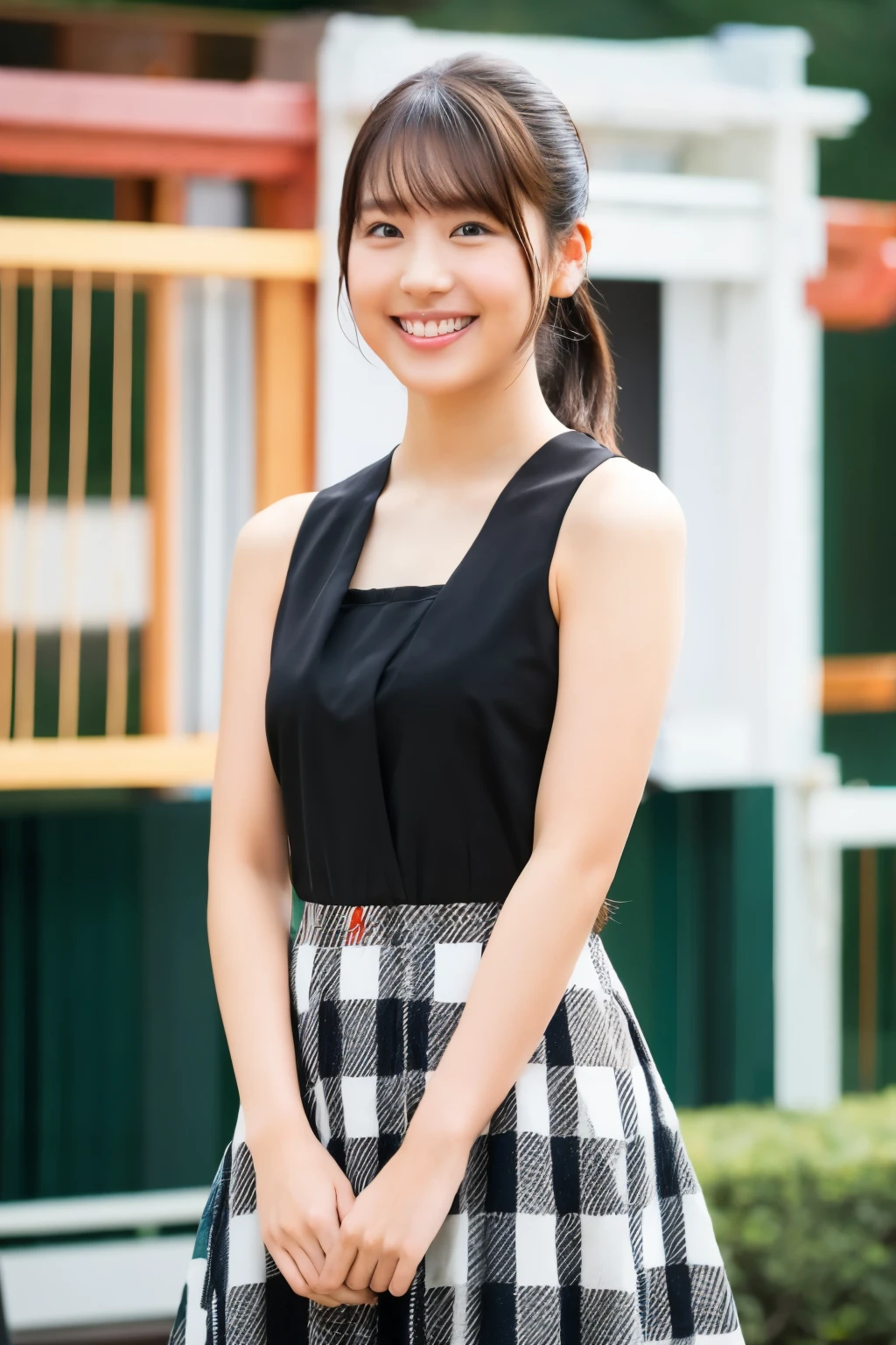 Ultra HD,A girl wearing a Japanese high  , round face,Very cute face, Plaid microskirt,Japanese,18-year-old,A big smile,whole body,Thighs,Big Breasts,Black hair ponytail