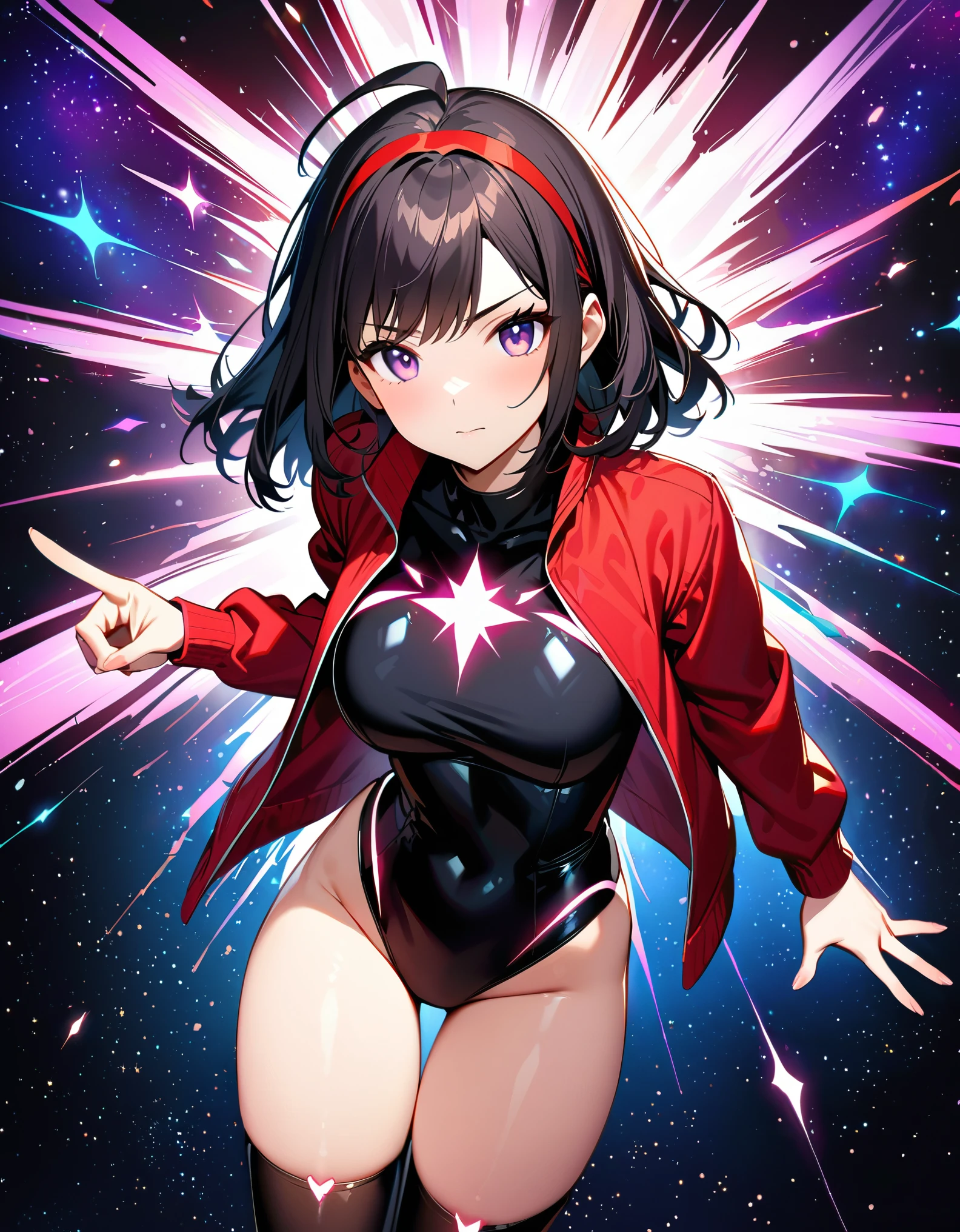 masterpiece, highly detailed, best quality, high quality, solo, solo focus, 1girl, college-age woman, brown eyes, (medium hair, black hair, wavy hair, red hairband), ahoge, (white blouse with black star (symbols), red jacket with star (symbols), open jacket), medium breasts, (black leotard), (bare legs), (black thigh-highs, red high-heel shoes), (purple stellar energy around, cosmic power, cosmic shining power). (purple eyes, beautiful detailed eyes), beautiful detailed face, cute face, (perfect hands), complete fingers, perfect anatomy, perfect proportions. (pointing index finger with right hand), (casting a spell). full body costume design, full body, cowboy shot. serious