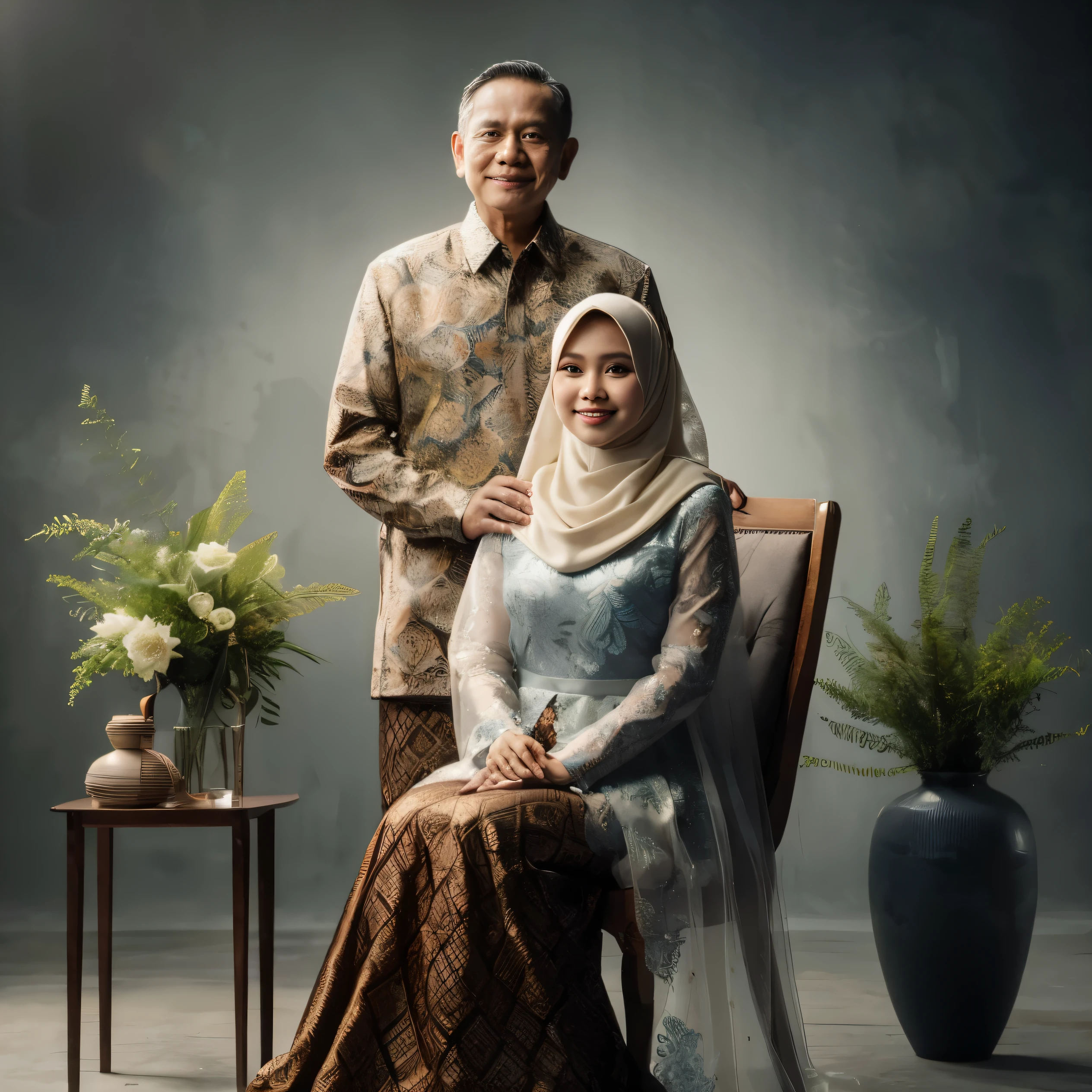 fotografi, foto dalam ruangan, seluruh tubuh, seorang wanita Indonesia berusia 55 tahun duduk di kursi, memakai kerudung, memakai baju batik panjang, di di belakangnya berdiri seorang ayah berusia 55 tahun dengan wajah bersih, rambut sangat pendek, mengenakan pakaian batik formal, tersenyum, latar belakang studio abstrak abu-abu, vas bunga hijau, detail, pencahayaan bagus, fotografi profesional, HD, 8K,