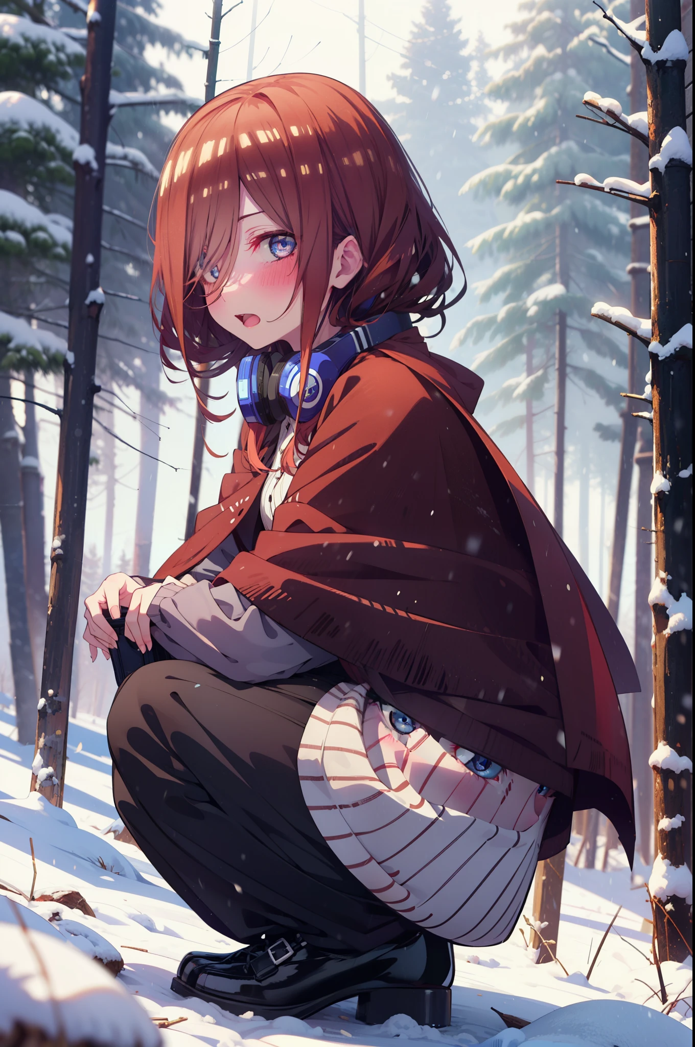 Miku Nakano, Miku Nakano, Long Hair, bangs, Brown Hair, shirt, Hair between the eyes, cardigan, Headphones around the neck,smile,blush,White Breath,
Open your mouth,snow,Ground bonfire, Outdoor, boots, snowing, From the side, wood, suitcase, Cape, Blurred, Increase your meals, forest, White handbag, nature,  Squat, Mouth closed, フードed Cape, winter, Written boundary depth, Black shoes, red Cape break looking at viewer, Upper Body, whole body, break Outdoor, forest, nature, break (masterpiece:1.2), highest quality, High resolution, unity 8k wallpaper, (shape:0.8), (Beautiful and beautiful eyes:1.6), Highly detailed face, Perfect lighting, Extremely detailed CG, (Perfect hands, Perfect Anatomy),