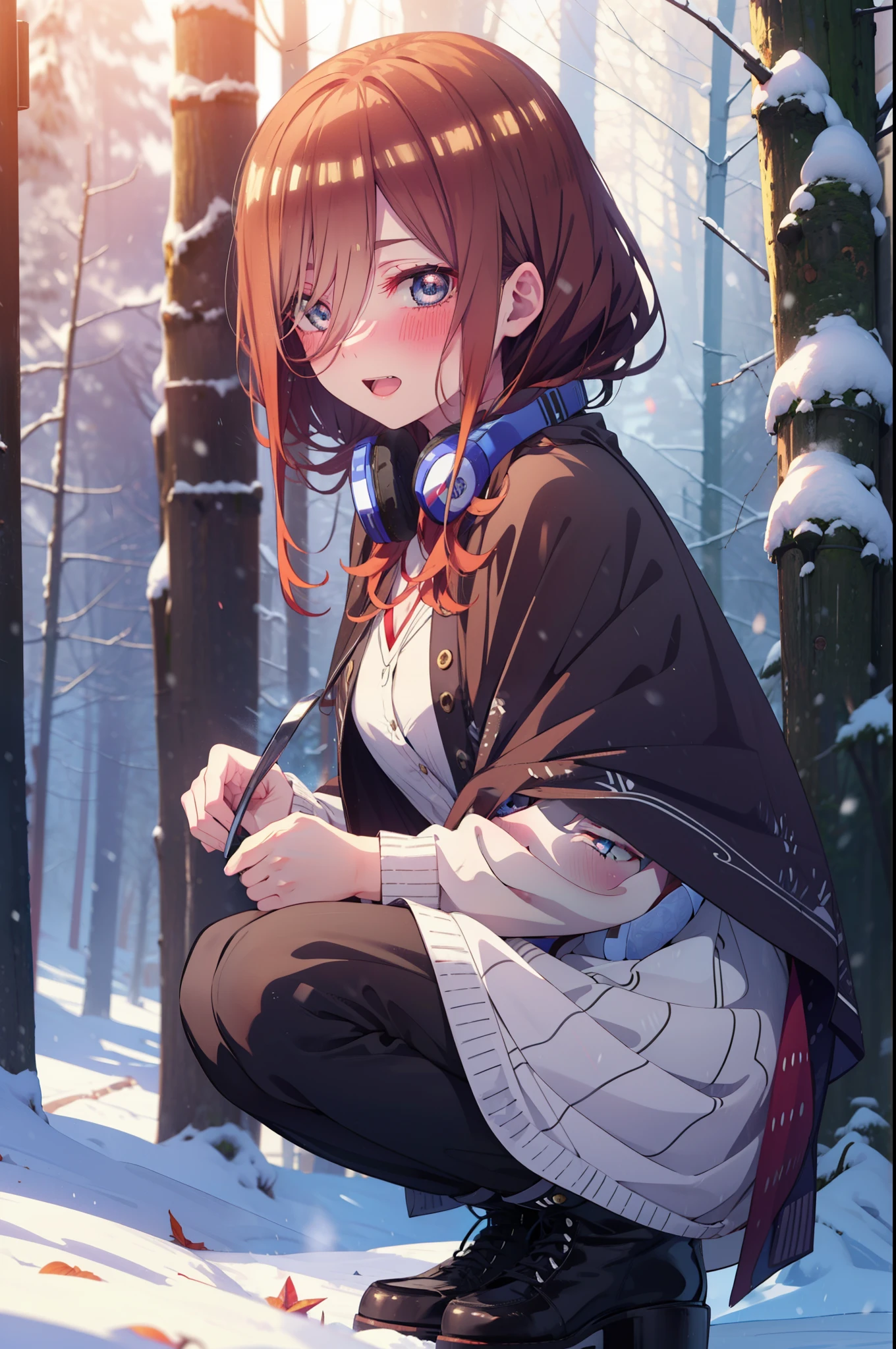 Miku Nakano, Miku Nakano, Long Hair, bangs, Brown Hair, shirt, Hair between the eyes, cardigan, Headphones around the neck,smile,blush,White Breath,
Open your mouth,snow,Ground bonfire, Outdoor, boots, snowing, From the side, wood, suitcase, Cape, Blurred, Increase your meals, forest, White handbag, nature, Squat, Mouth closed, フードed Cape, winter, Written boundary depth, Black shoes, red Cape break looking at viewer, Upper Body, whole body, break Outdoor, forest, nature, break (masterpiece:1.2), highest quality, High resolution, unity 8k wallpaper, (shape:0.8), (Beautiful and beautiful eyes:1.6), Highly detailed face, Perfect lighting, Extremely detailed CG, (Perfect hands, Perfect Anatomy),