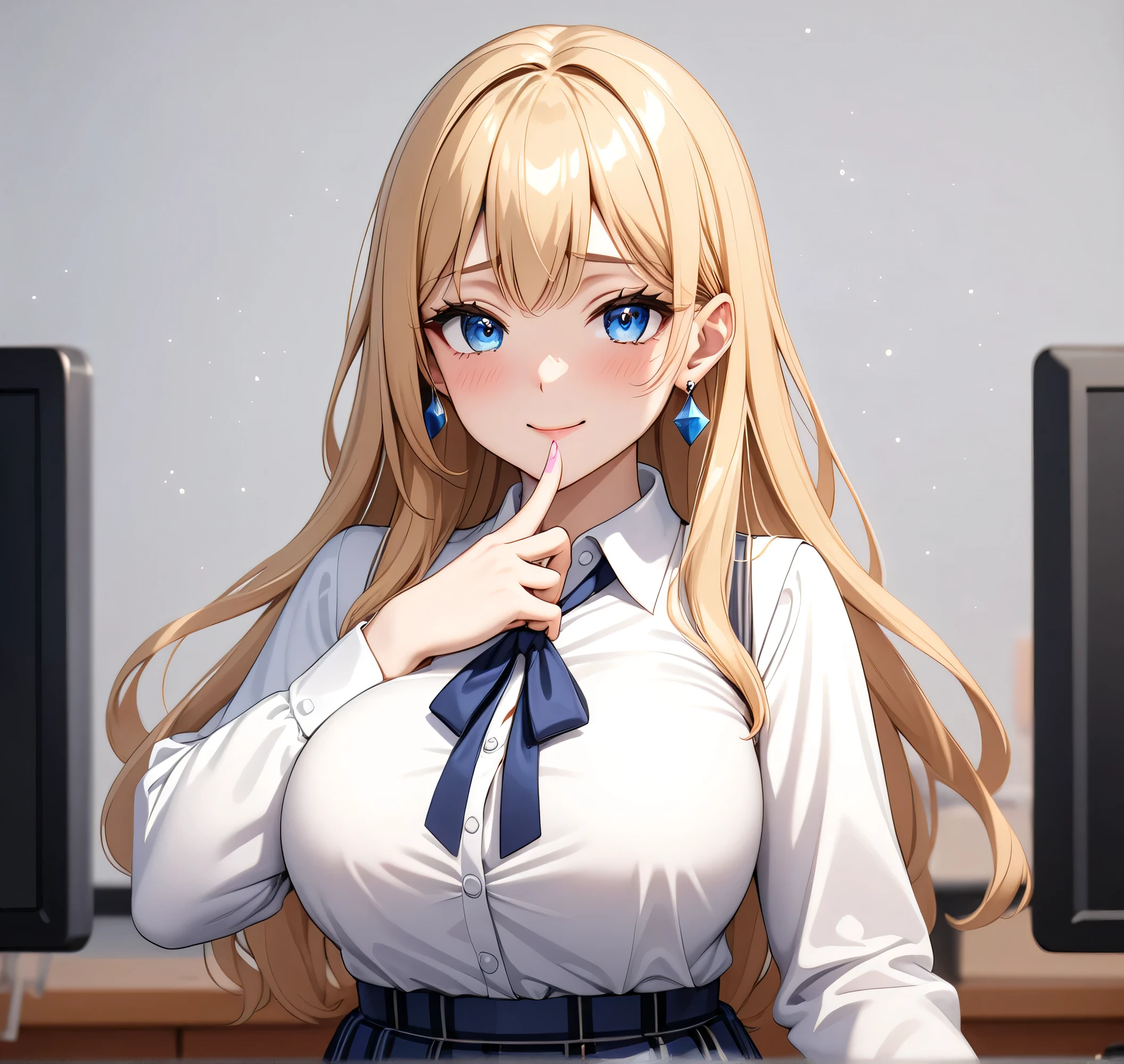 (One girl), Beautiful smile,Embarrassed face, Close your mouth,Glossy Lips,Abstract, School, masterpiece, highest quality, so beautiful, Absurd, up to date, Complex details,(Touch your face with your hands), Pink long nails,AI-generated, Complex,High resolution, highest quality, super high quality,3D Images、View the viewers、3D Images,one person,anime girl with long blonde hair and blue eyes posing for a picture, [[Fine grain、Colorful eyes、Shining Eyes:1.15]],Close your eyes for a moment,a hyperRealistic , hyperRealistic , Realistic , blonde anime girl with long hair, Smooth anime CG art, Beautiful anime school girl,White long sleeve blouse,Blue checked skirt,Big blue chest ribbon, Earrings,(Large Breasts:1.3), Mature Body,Fine details,Abdominal muscles,Blushing