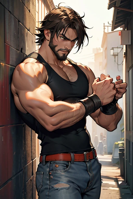 Tekken-style character, young man about 30 years old, physique of a fighter, young man with Latin American features, light brown eyes, short shoulder-length hair with long bangs, soft beard, in a gray tank top, tight jeans, fighting bands in his hands
