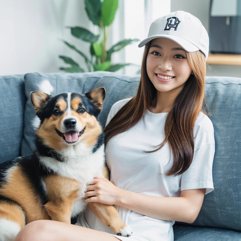 20歳の美しい日本人女性が柴犬を膝に乗せてSitting on the couch, 活発な小型With the dog, Corgi, Sitting on the couch, showing his paws to viewer, Japanese TV Programs, Sitting on the couch, With the dog, Sitting on the couch,smile,Wearing a brimmed hat(Realistic:1.4), highest quality,( RAW 8k Photos:1.4), (Highly detailed beautiful Japanese girls), (Very fine grain:1.1), (Cute Face:1.2), Super detailed, Ultra-high resolution, wonderful,Baseball cap,(Guts pose:1.2),大きなsmile,