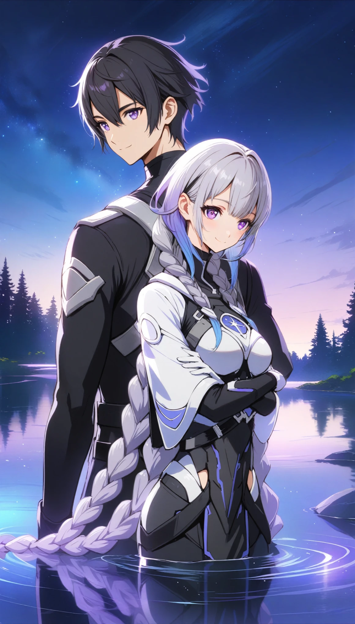 from back,back to viewer,a couple standing besides a blue lake,raising head and looking at night sky,stars, in style of makoto shinkai, 1girl and 1male,The girl's head rests on the male's shoulder, smile,yinji,1girl,(twin braids),purple_hair,purple_eyes,very_long_hair,grey_hair,braided_ponytail,gradient_hair,BREAK 1male,( black hair,short hair:1.3), shirt,(Red pupils), night sky,stars,forest,Reflections in the water, The style blends realism and anime with detailed character designs and realistic environmental elements. Masterpiece, highly detailed, intricate textures, soft lighting, realistic environment, anime style,  serene mood