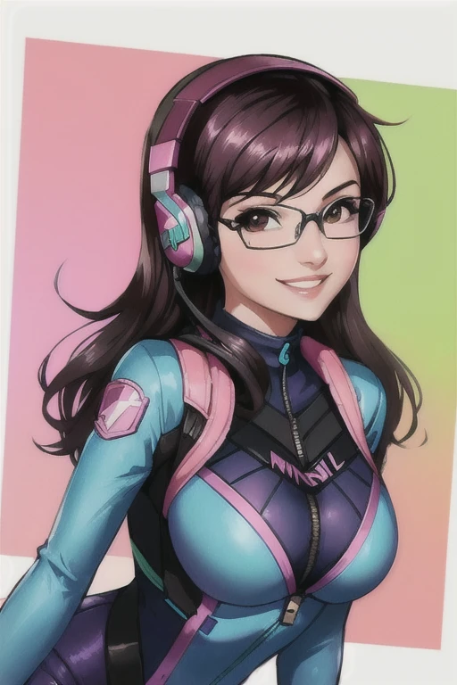 woman sssniperwolf smiling in glasses wearing a dva cosplay with blue bodysuit and headphones masterpiece, best quality
