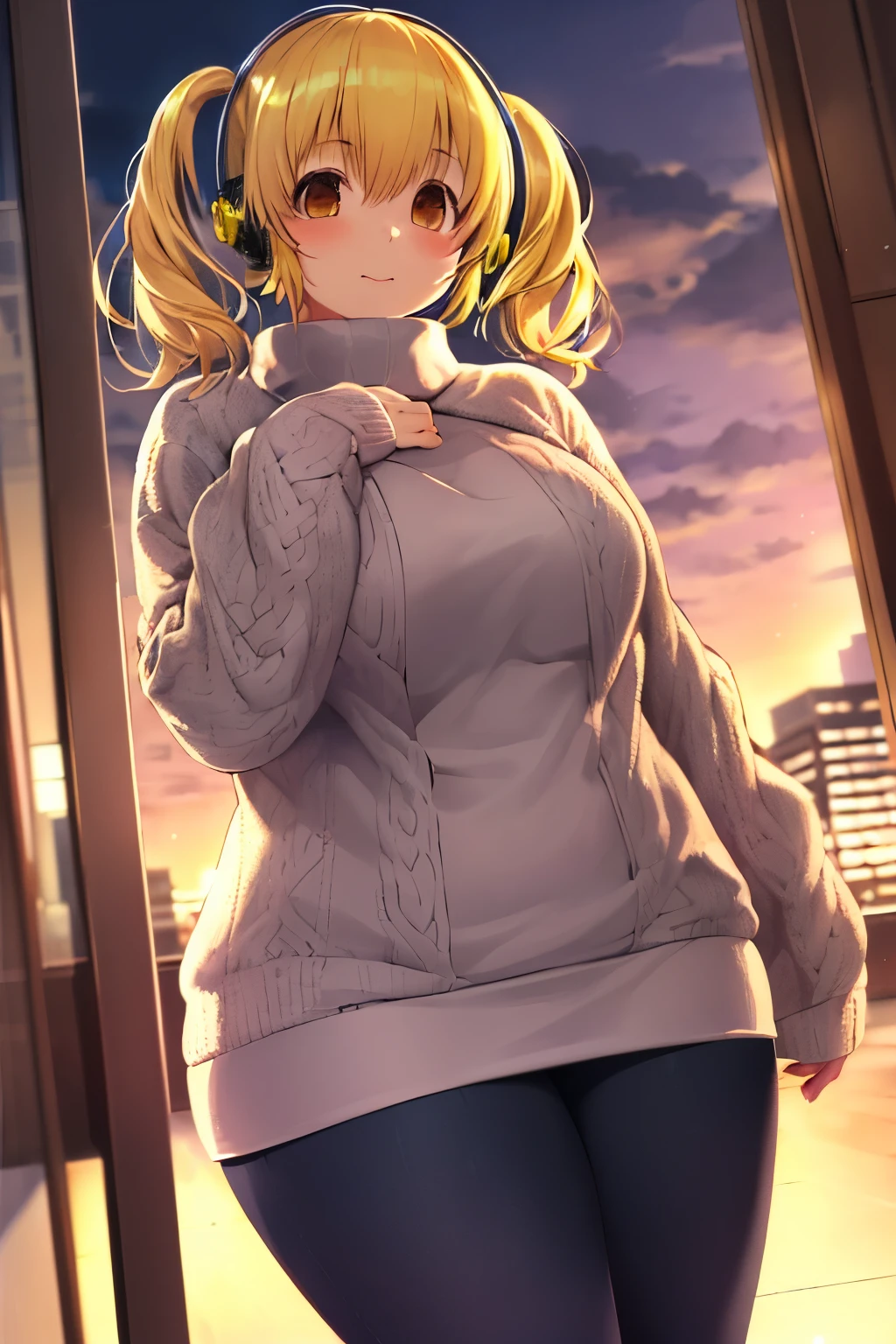 masterpiece, best_quality, 1girl, solo, super pochaco, blonde hair, plump, sweater, city