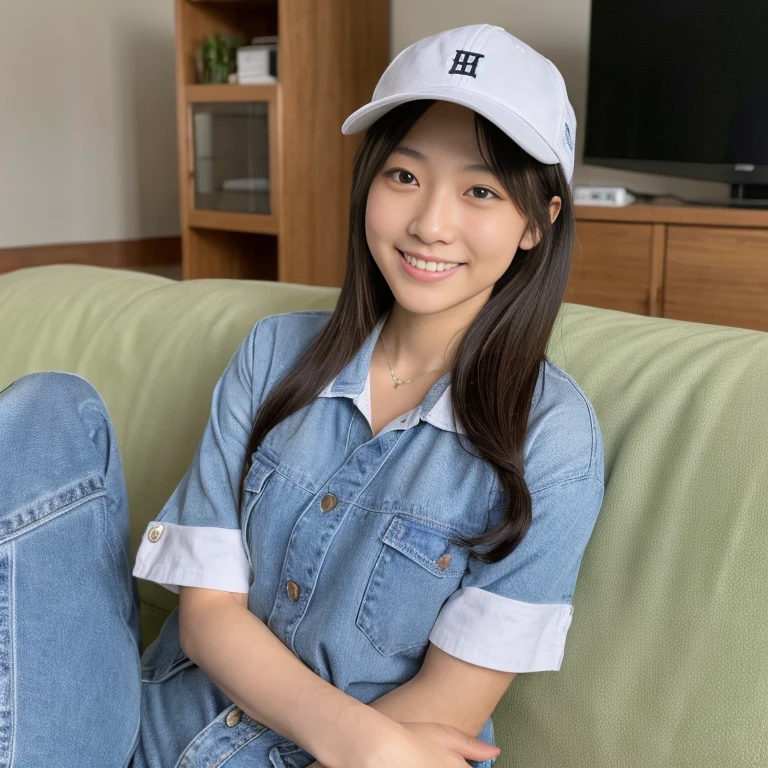 18歳の美しい日本人女子高生が柴犬を膝に乗せてSitting on the couch, 活発な小型With the dog, Corgi, Sitting on the couch, showing his paws to viewer, Japanese TV Programs, Sitting on the couch, With the dog, Sitting on the couch,smile,Wearing a brimmed hat(Realistic:1.4), highest quality,( RAW 8k Photos:1.4), (Highly detailed beautiful Japanese girls), (Very fine grain:1.1), (Cute Face:1.2), Super detailed, Ultra-high resolution, wonderful,Baseball cap,(Guts pose:1.2),大きなsmile,