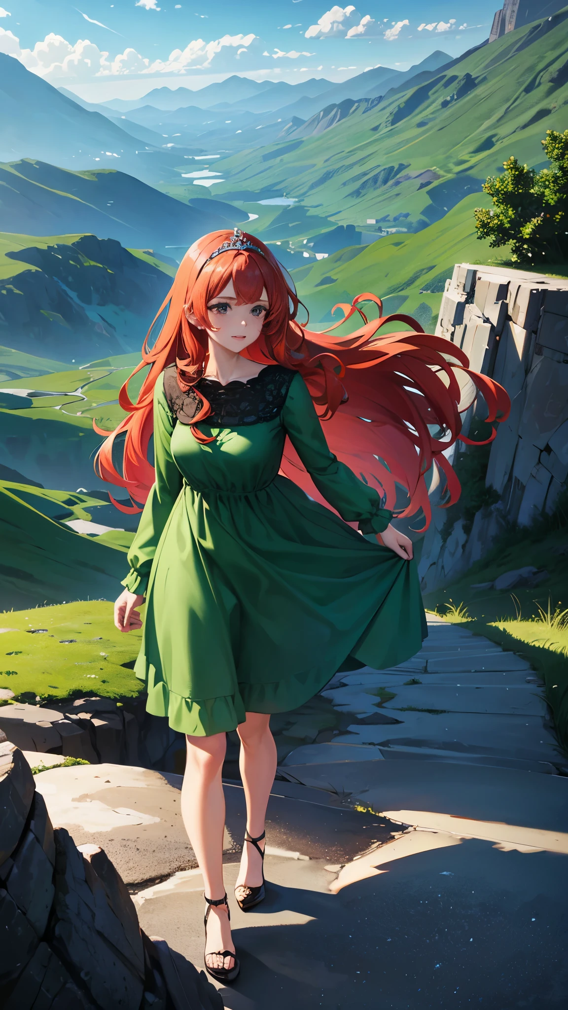 A redhead with wavy hair heels wearing a tiara on her head looking at a beautiful landscape with a very dark green dress