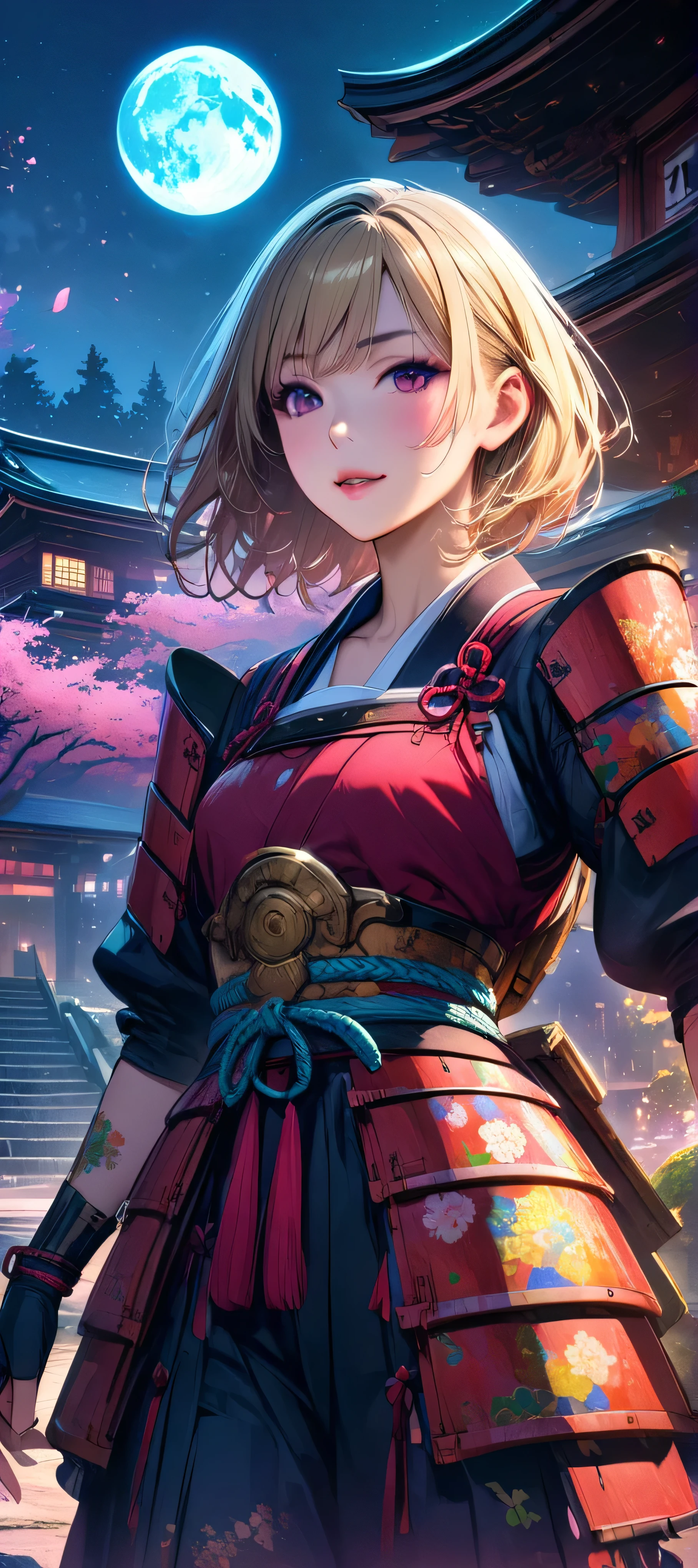 (masutepiece, of the highest quality, Best Quality, Official art, Beautiful and aesthetic:1.2), Extremely detailed,(Colorful:1.1),highest details, one arafed woman with blonde hair, japanese tattoo, samurai armor, sfw, japanese temple, night, blue moon