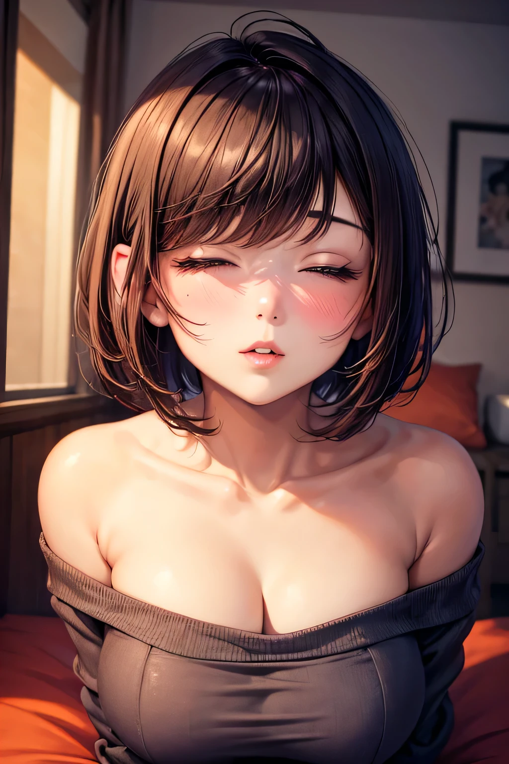 Amazing portrait of a y and cute girl with a short bob hairstyle and a seductive gaze who is blushing intensely with parted lips and is desperate and flustered and lus wearing an off shoulder orange t shirt showcasing her bare shoulder while lying on bed