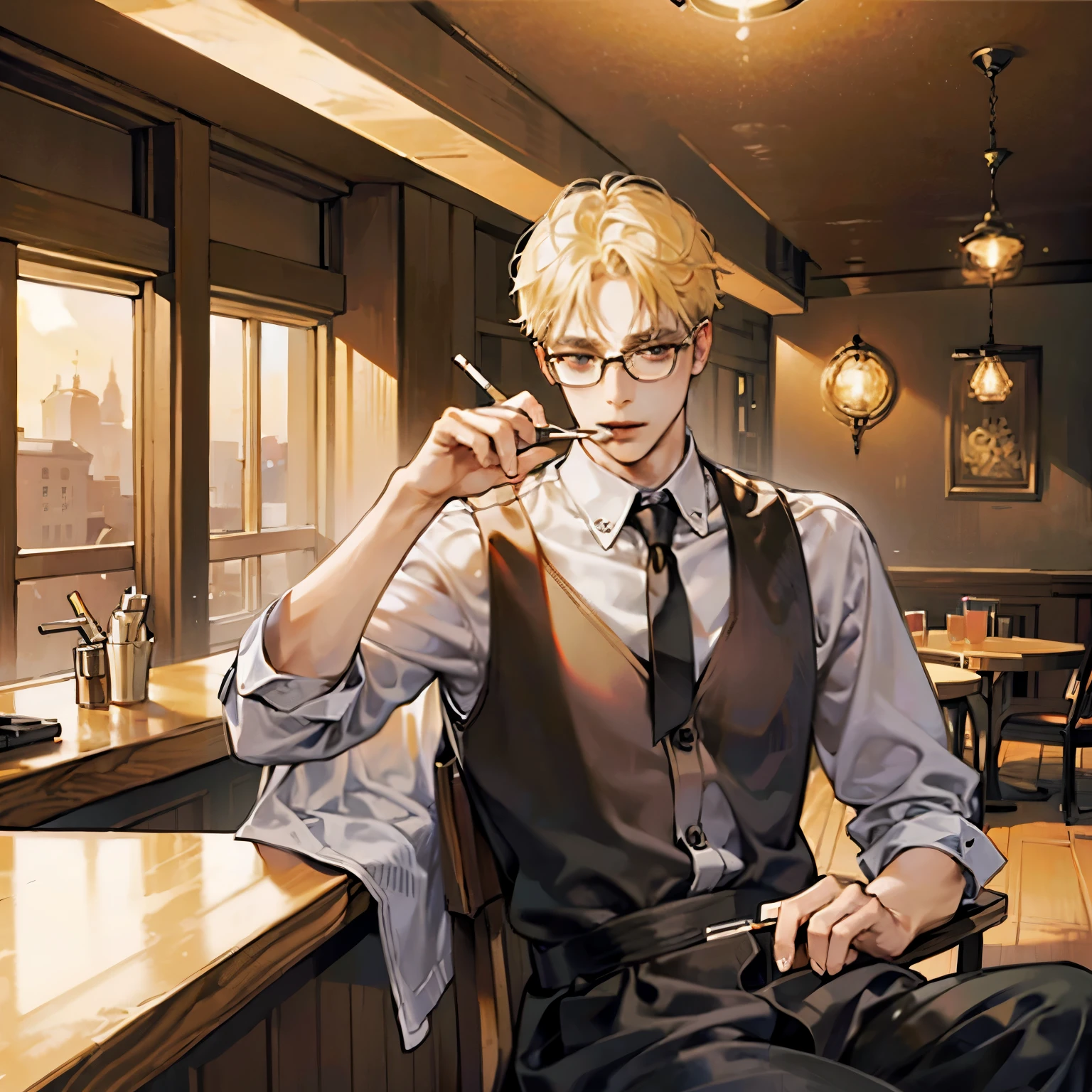 Forty-year-old blond man holding a cigarette，wearing glasses，Sit on a chair at the bar