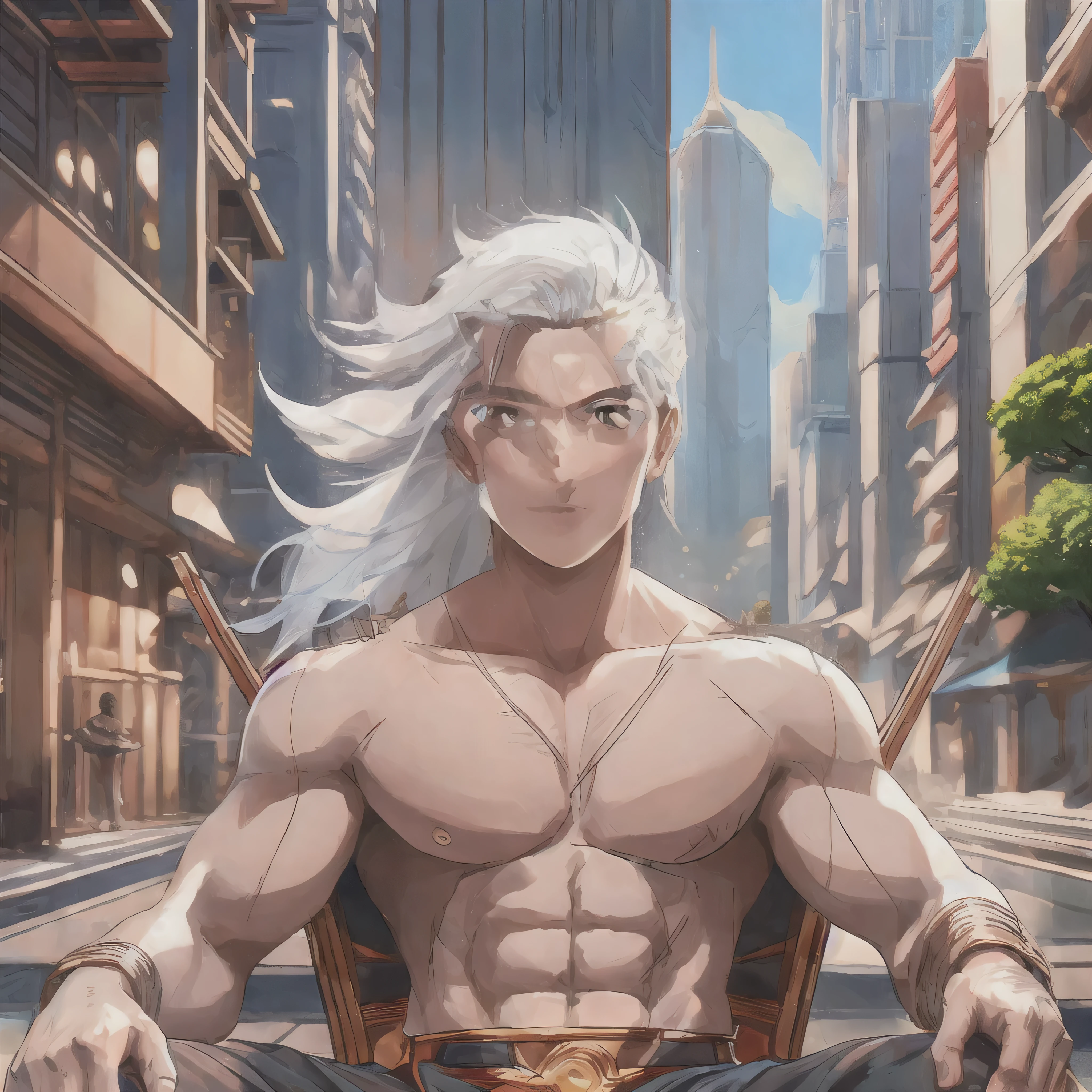 Obra de arte, melhor qualidade, reizen, cabelo branco, olhos negro, gakuran, sem camisa, assentado no trono, Sozinho, rua, buildings, tokyo rua background 