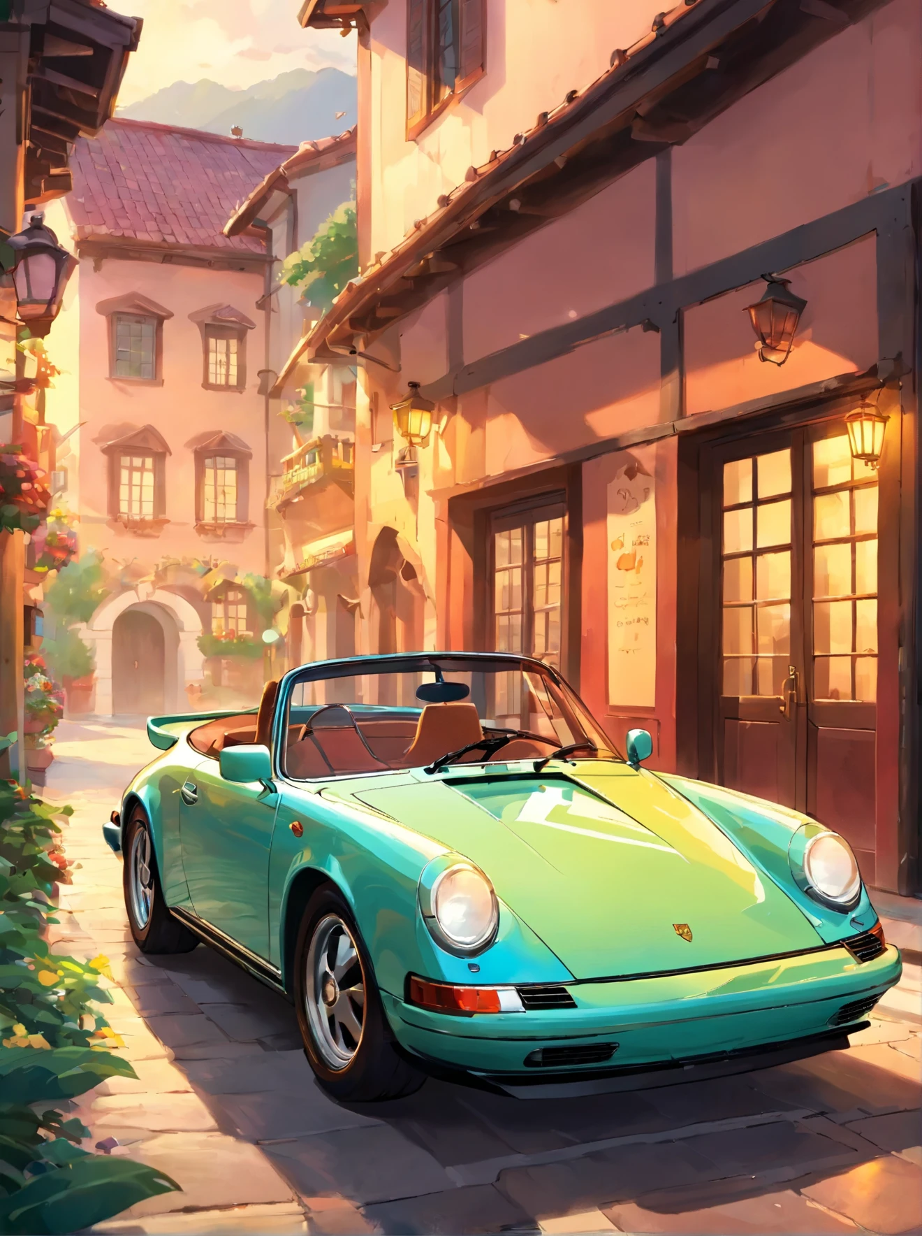 Uma imagem emoldurada de um Porsche targa 4s 2024, colorido da Ferrari hiper realista, riquesa de detalhes, cinematic lighting