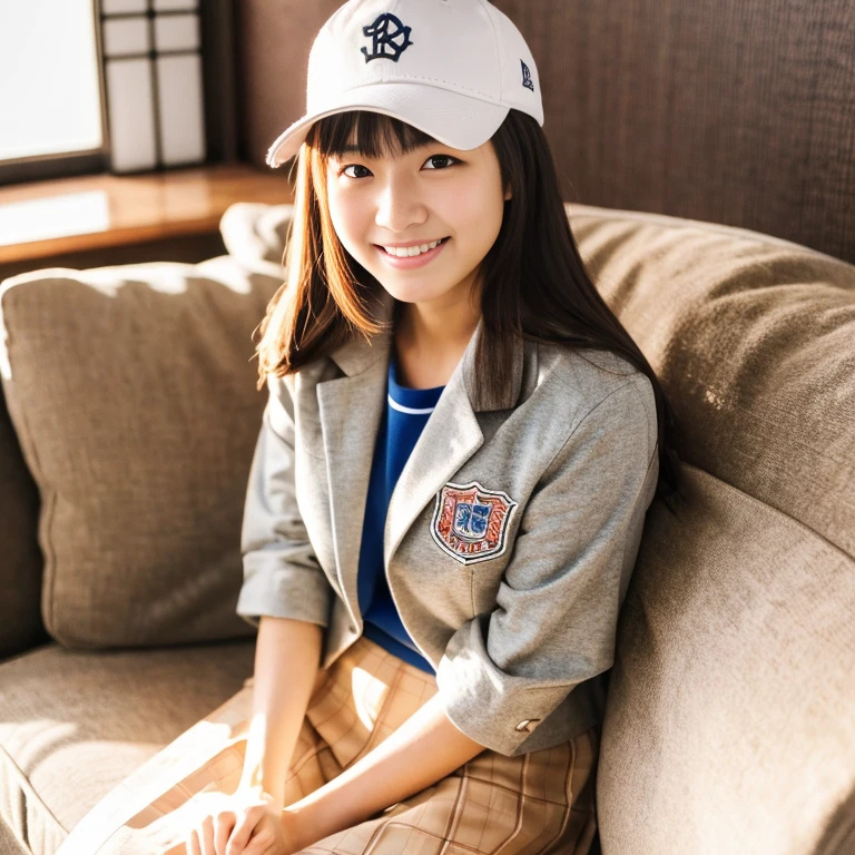 18歳の日本人女子高生が柴犬を膝に乗せSitting on the couch, 小型With the dog, Wearing a blazer uniform, showing his paws to viewer, With the dog, Sitting on the couch,smile,(Realistic:1.4), highest quality,( RAW 8k Photos:1.4), (Highly detailed beautiful Japanese girls), (Very fine grain:1.1), (Cute Face:1.2), Super detailed, Ultra-high resolution, wonderful,Baseball cap,(Guts pose:1.2),大きなsmile,