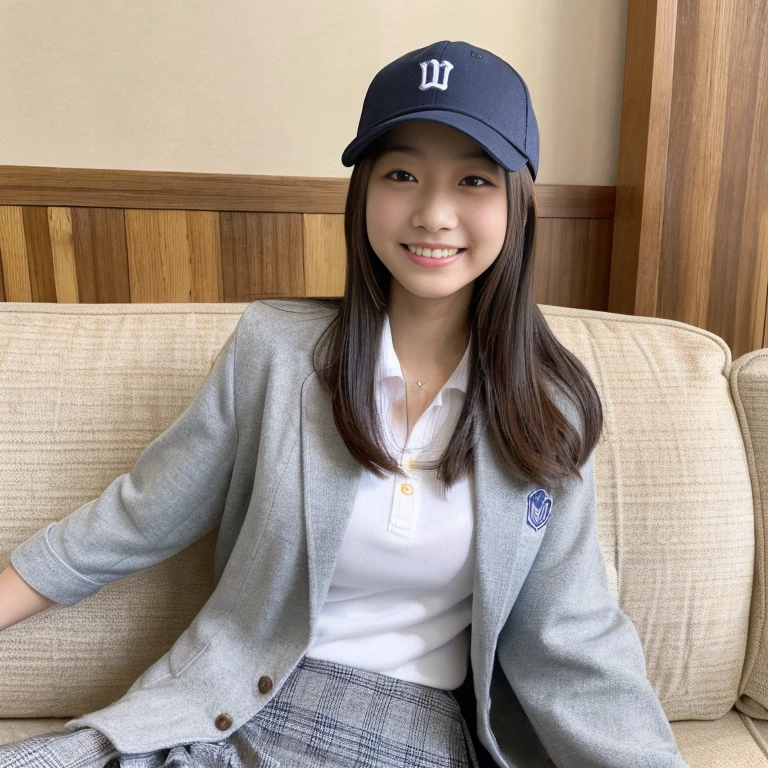 18歳の日本人女子高生が柴犬とSitting on the couch, 小型With the dog, Wearing a blazer uniform、skirt, showing his paws to viewer, With the dog, Sitting on the couch,smile,(Realistic:1.4), highest quality,( RAW 8k Photos:1.4), (Highly detailed beautiful Japanese girls), (Very fine grain:1.1), (Cute Face:1.2), Super detailed, Ultra-high resolution, wonderful,Baseball cap,(Guts pose:1.2),大きなsmile,