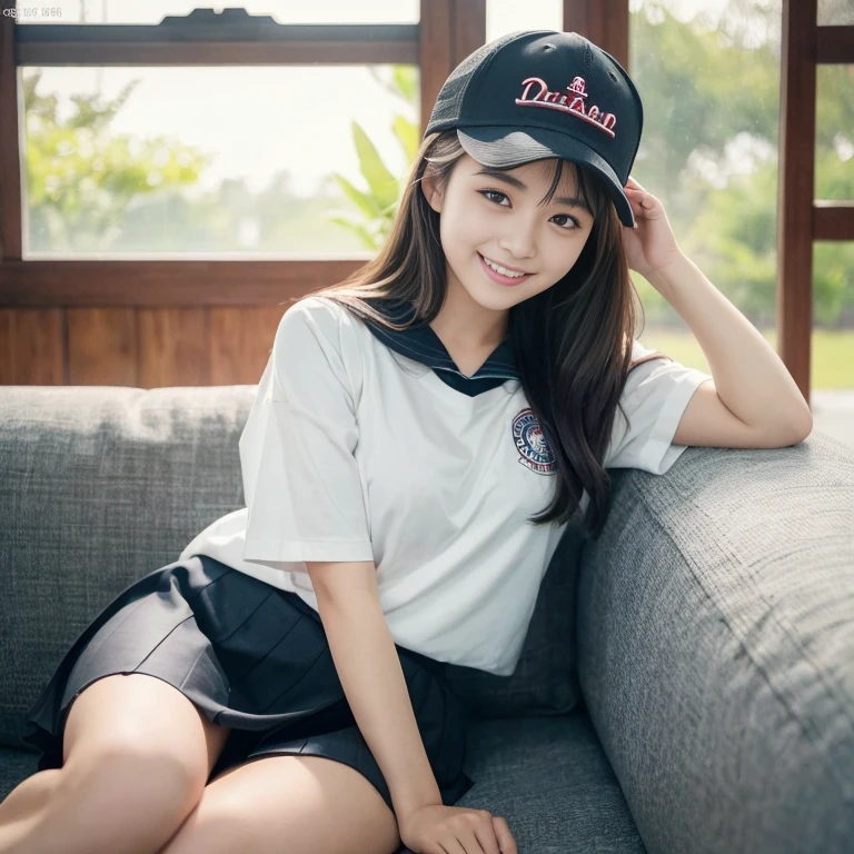 18歳の日本人女子高生が柴犬とSitting on the couch, 小型With the dog, Wearing a sailor uniform、skirt, showing his paws to viewer, With the dog, Sitting on the couch,smile,(Realistic:1.4), highest quality,( RAW 8k Photos:1.4), (Highly detailed beautiful Japanese girls), (Very fine grain:1.1), (Cute Face:1.2), Super detailed, Ultra-high resolution, wonderful,Baseball cap,(Guts pose:1.2),大きなsmile,