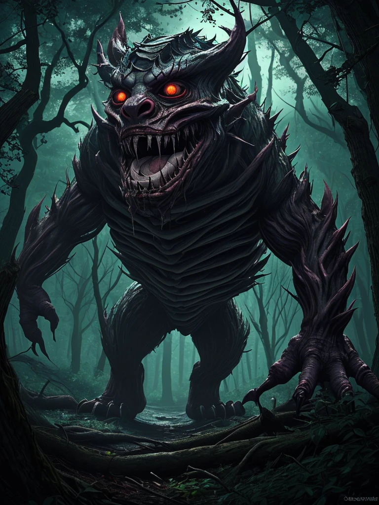 A terrifying monster, hidden deep in the woods for centuries, suddenly awakens from its age-old slumber. Its eyes glow in the darkness, and its roar echoes through the trees.