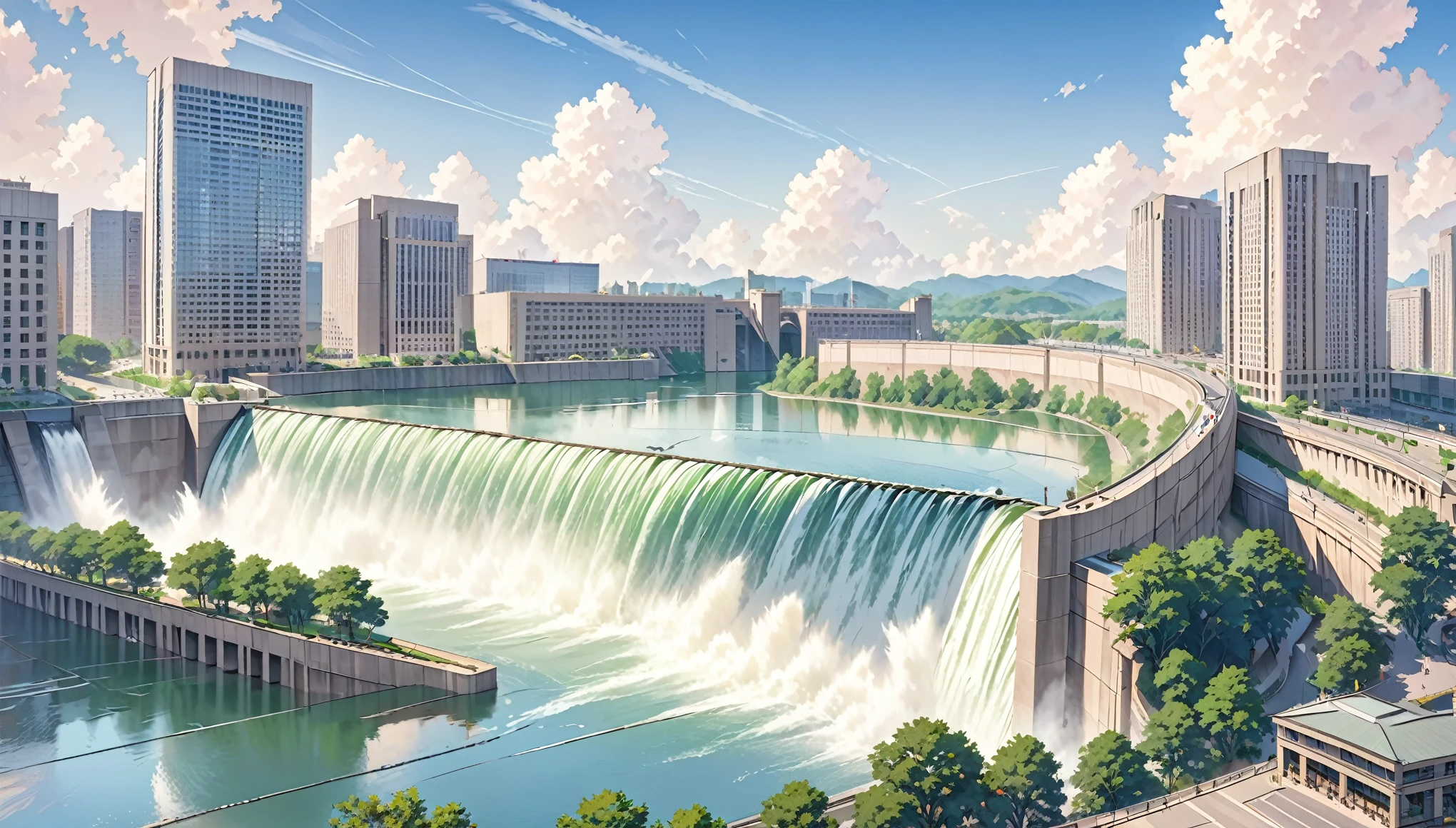 The image shows a large dam with a waterfall surrounded by skyscrapers. The dam is brown and has a large arch. The waterfall is powerful, falling over the dam and filling a large moat. Skyscrapers are visible on both sides of the dam and rise into the sky.