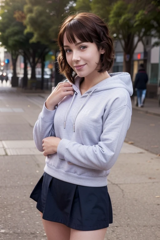 (best quality:0.8) perfect anime illustration, a pretty, happy woman with short curly brown hair on the street in the city, wearing a hoodie, skirt