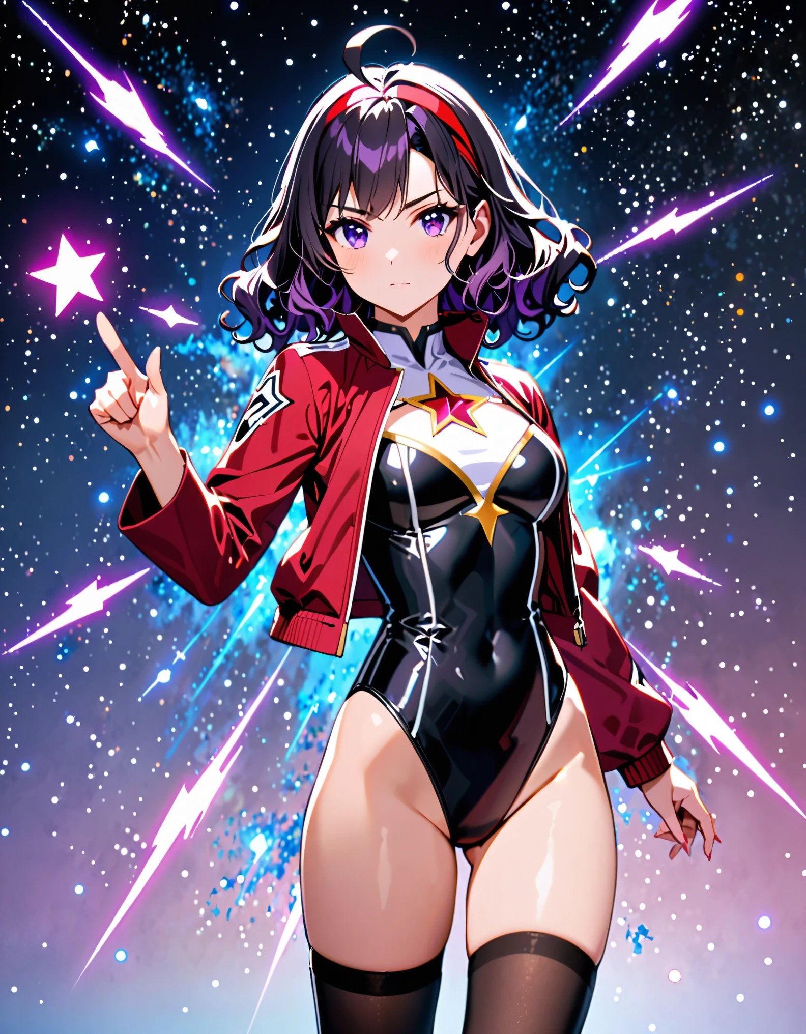 masterpiece, highly detailed, best quality, high quality, solo, solo focus, 1girl, college-age woman, (medium hair, black hair, wavy hair, red hairband), ahoge, (white blouse with black star (symbols), red jacket with star (symbols), open jacket), medium breasts, (black leotard), (bare legs), (black thigh-highs, red high-heel shoes), purple stellar energy around, cosmic power, cosmic shining power. (purple eyes, beautiful detailed eyes), beautiful detailed face, cute face, (perfect hands), complete fingers, perfect ???????, perfect proportions. (pointing index finger with right hand), (casting a spell). full body costume design, full body, cowboy shot. serious