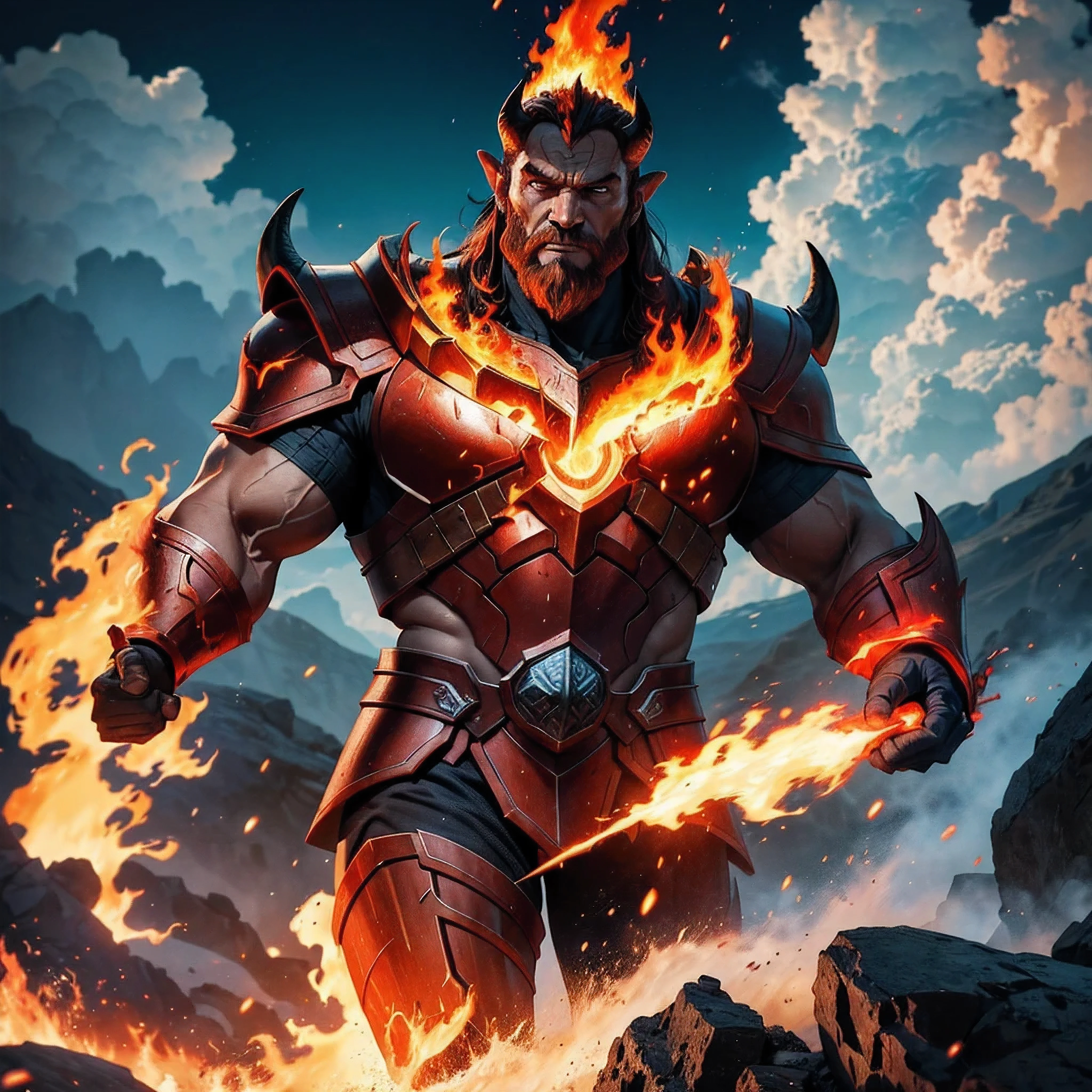 
the fire giant Surtur Norse mythology front image in 8k Surtur the king of the fire giants with his eyes of fire and his armor all over his body background of asgard with blue sky and white clouds and large particles of fire focused High definition Hyper realistic textures Illustration style Hyper realism style Borders added front image in 8k