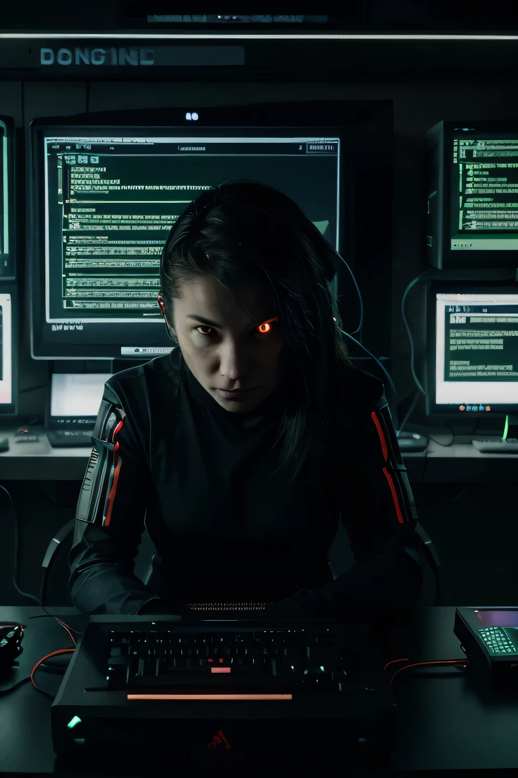 Computing and Hacking
A Digital Battlefield: A black monitor screen with green text cascading down, depicting a complex network map. Red lines flash, indicating intrusion attempts, while blue lines trace countermeasures being deployed. In the corner, a small window shows a determined hacker's face, illuminated by the monitor's glow, fingers flying across a worn keyboard.