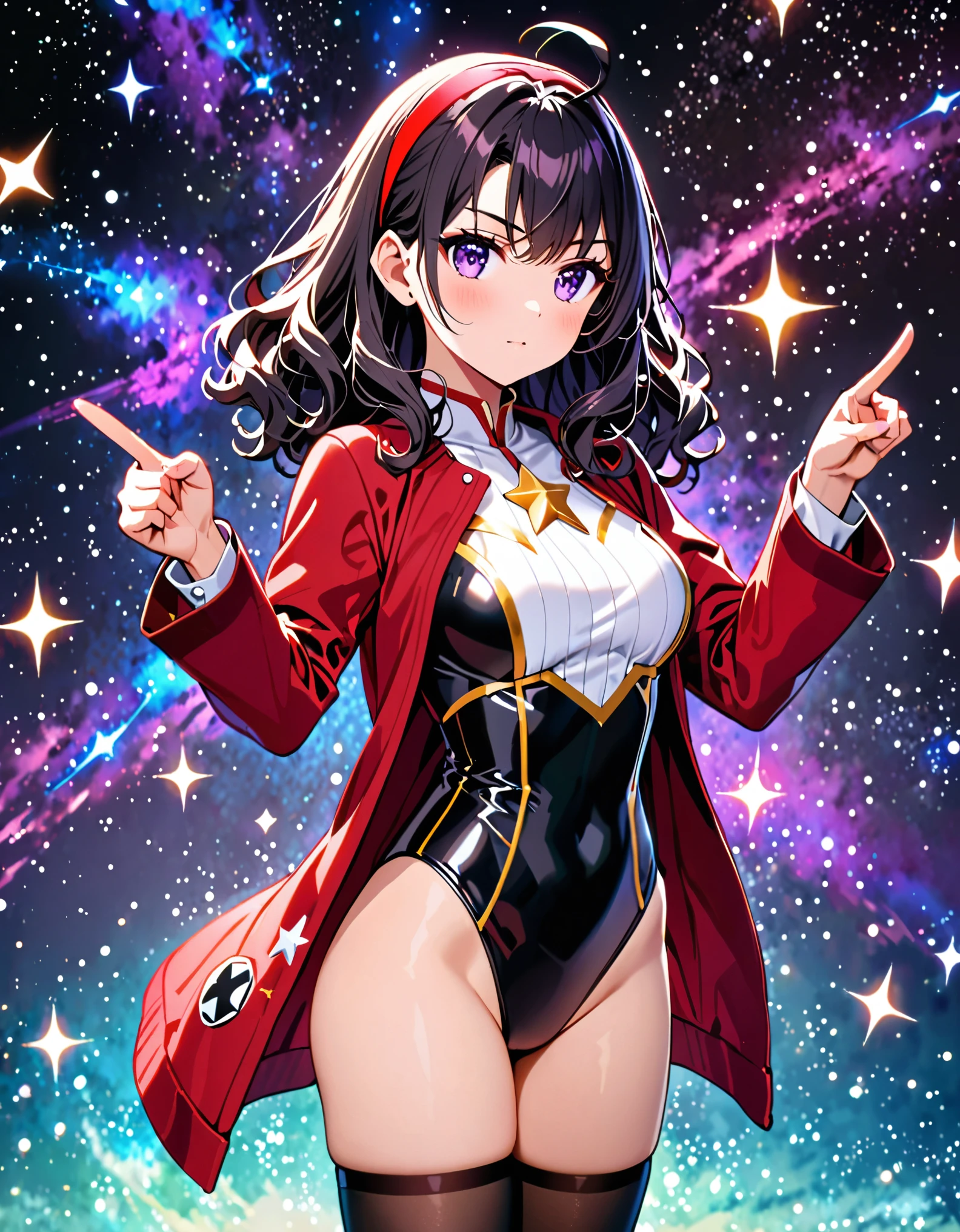 masterpiece, highly detailed, best quality, high quality, solo, solo focus, 1girl, college-age woman, (medium hair, black hair, wavy hair, red hairband), ahoge, (white blouse with black star (symbols), red jacket with star (symbols), open jacket), medium breasts, (black leotard), (bare legs), (black thigh-highs, red high-heel shoes), purple stellar energy around, cosmic power, cosmic shining power. (purple eyes, beautiful detailed eyes), beautiful detailed face, cute face, (perfect hands), complete fingers, perfect anatomy, perfect proportions. (pointing index finger with right hand), (casting a spell). full body costume design, full body, cowboy shot. serious