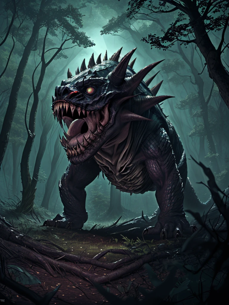 A terrifying monster, hidden deep in the woods for centuries, suddenly awakens from its age-old slumber. Its eyes glow in the darkness, and its roar echoes through the trees. 