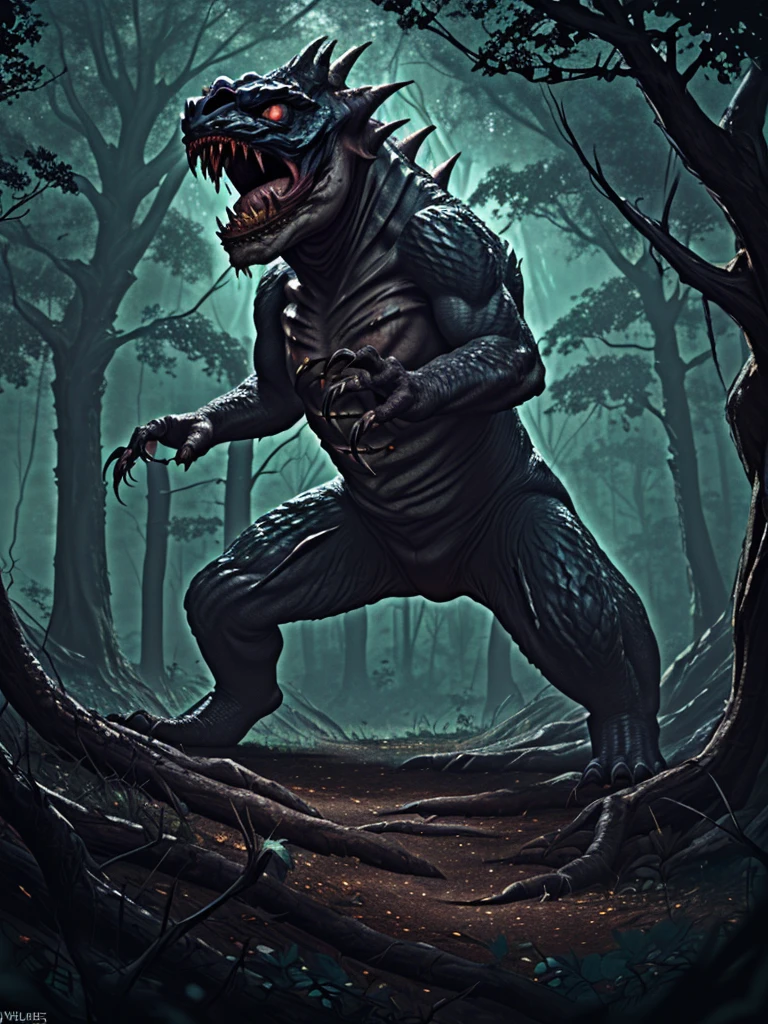 A terrifying monster, hidden deep in the woods for centuries, suddenly awakens from its age-old slumber. Its eyes glow in the darkness, and its roar echoes through the trees. 