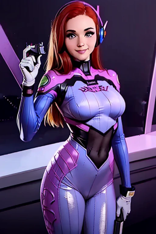 ((masterpiece,best quality)), Amourath cosplaying as D.VA, red hair, headphones, whisker markings, shoulder pads, blue bodysuit, ribbed bodysuit, animal print, clothes writing, long sleeves, white gloves, cowboy shot, standing, holding weapon, handgun, smile, cyberpunk,
