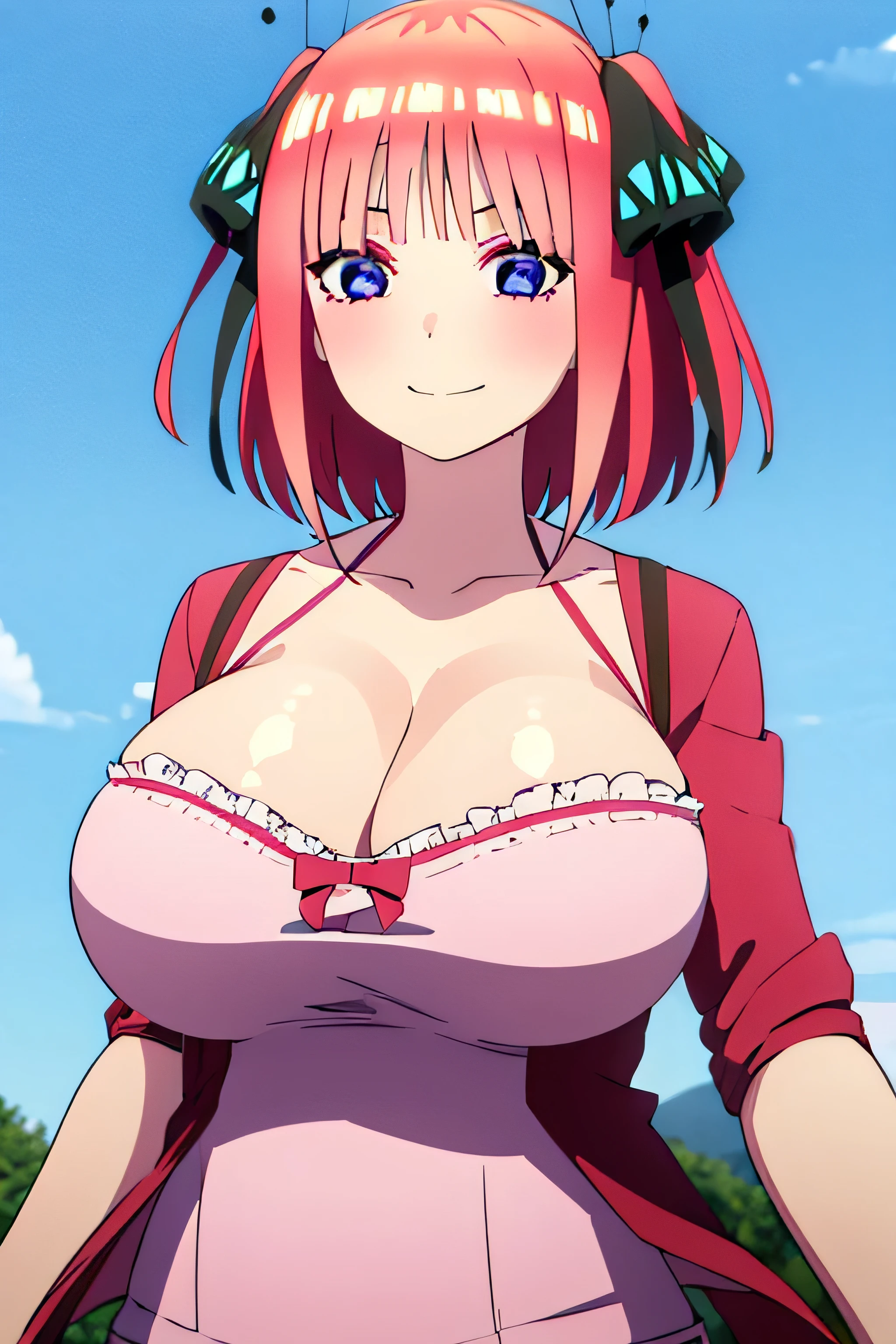 1girl, masterpiece, solo, high quality, huge breast, bright breasts, looking into camera, safe, shining , blush face, cleavage, standing, cleavage, wanostyle, nino nakano, short hair, bangs, blue eyes, hair ornament, hair ribbon, pink hair, blunt bangs, two side up, butterfly hair ornament, wear pink lace bra, cleavage, smile, happy, huge , , , cleavage