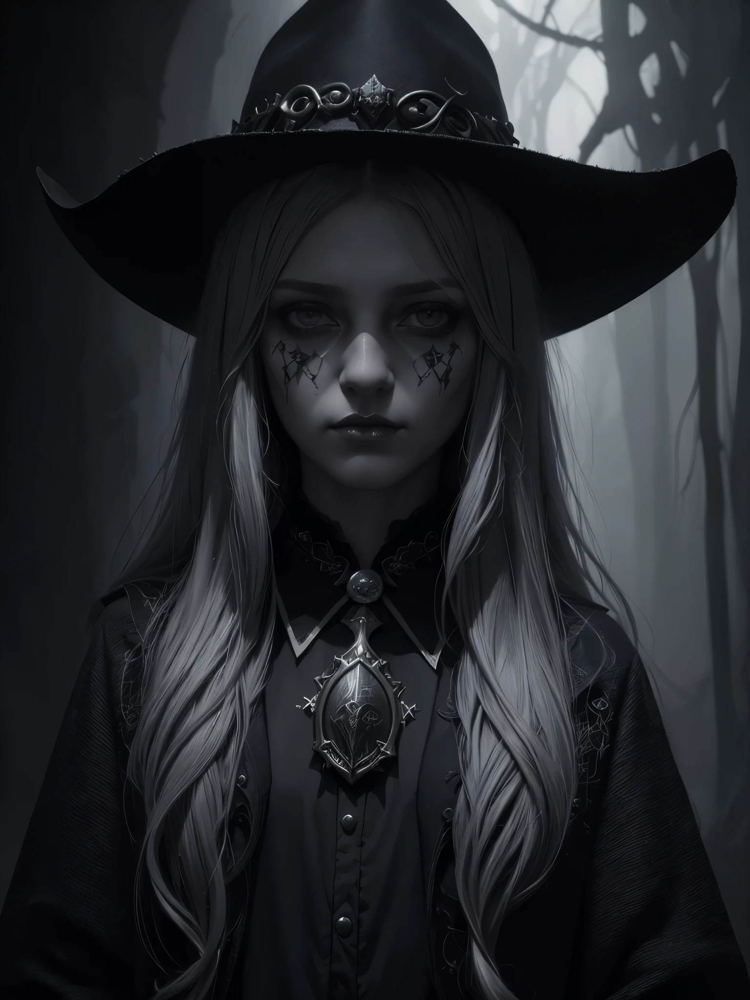 (Surrealist female portraits), (Dark Fantasy Art: 1.6), David Hockney and Alphonse Mucha style, stunning realism, dynamic lighting, 4K resolution, very detailed facial features, award-winning, Cowboy Shot, (official uniform: 1.4), long and gray hair, deep shadows.