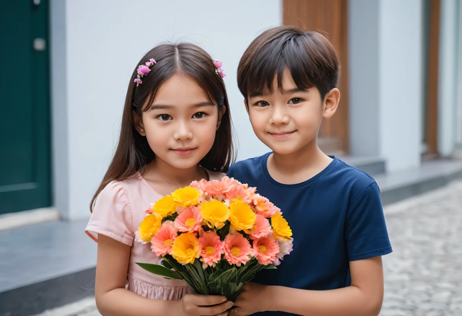 Couple Photo, The photo was taken with a Nikon Z 6II camera with a Nikon NIKKOR Z 24-120 mm lens. a 10-year-old boy gives a bouquet of beautiful flowers to a ****************, a **************** with blush on her cheeks and emotions of embarrassment, cute photo, film grain, realistic, high resolution, high definition