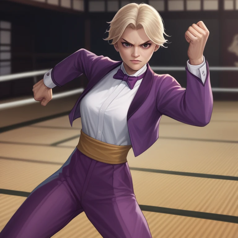 closesuperior, Realistic, score_9, score_8_superior, score_7_superior, score_6_superior, score_5_superior, score_4_superior, One girl, Coffking, Short blonde, Big Breasts, bow tie, purple cropped jacket, Purple Pants, kick, kicking , anger, highest quality, dojo, Depth of written boundary, alone,