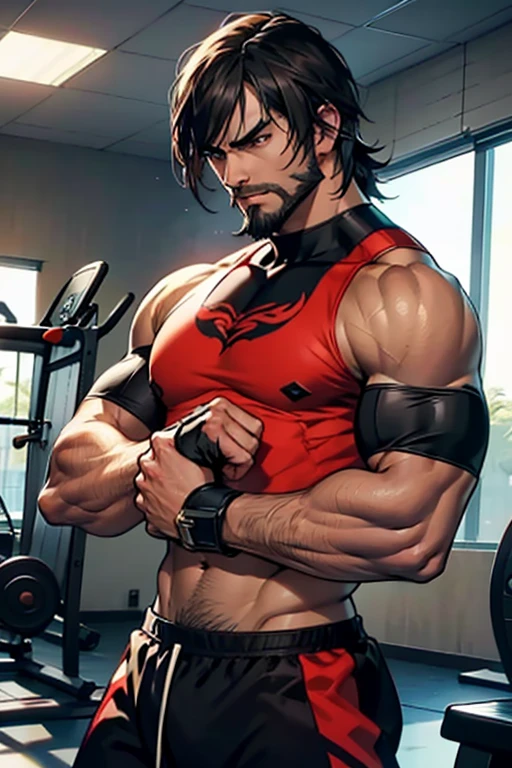 Tekken style character, young man of around 30 years old, fighter's physique, young man with Latin American features, light brown eyes, short shoulder-length hair with long bangs, small and soft beard, black fitness shirt, black fighter's bands on the hands in training gym