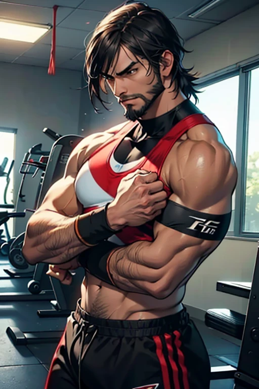 Tekken style character, young man of around 30 years old, fighter's physique, young man with Latin American features, light brown eyes, short shoulder-length hair with long bangs, small and soft beard, black fitness shirt, black fighter's bands on the hands in training gym