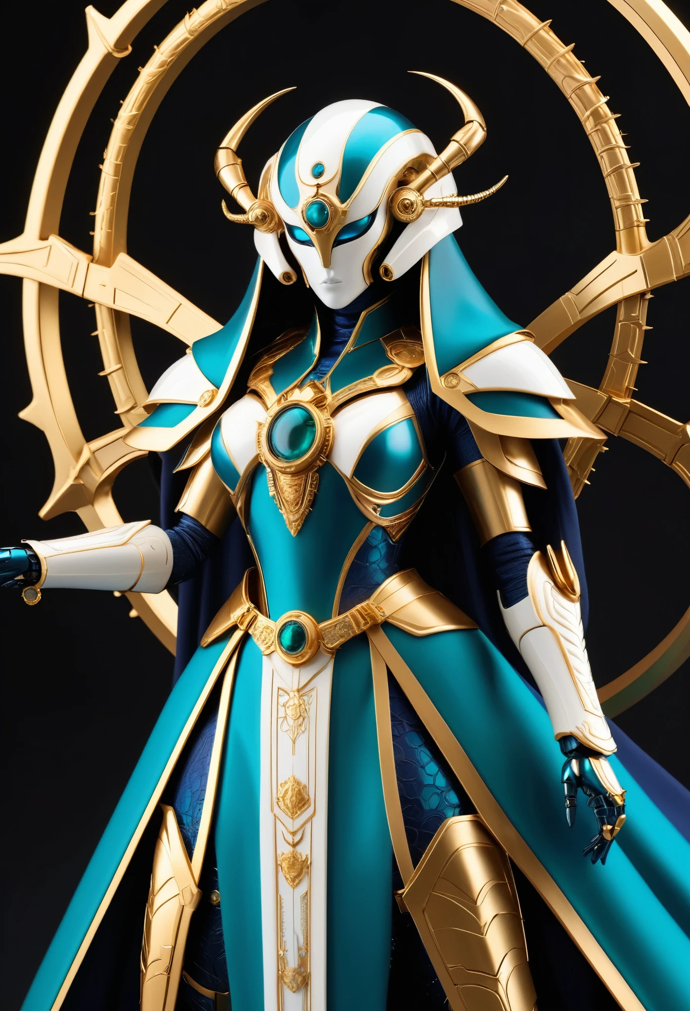 ancient end of the galactic empire female robot guardian, no expense or detail spared, statuesque form, festooned with the royal spider emblem, infinite development budget for the emperor of the galaxy, fine detail, colors (teal, white, navy, gold, bone), jewels blended with metal and technology, beautiful craftmanship taken to an extreme degree, an epic blend of utilty and excess, BugCraft,photorealistic, 8k, high detail, sharp focus