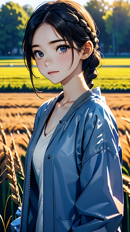 one woman、cute face、Also々new expression、Japanese、charming eyes、cream hair、french braid、14 years old、gray eyes、camisole dress、blue jacket、outdoors、Also, a neat appearance、wheat field