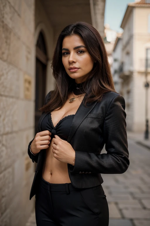 Retrato de medio cuerpo, 1 mujer, 25 years, 1,75 metros de altura, pelo largo rizado, (((pelo rojo birllante))), labios carnosos, nariz respingada, (ojos verdes esmeralda brillantes), (mirada sensual), cara afilada, latina, piel bronceada, hermosa figura reloj de arena, (wearing a black chanel tailored jacket, black silk blouse and black straight tailored pants), mirando con confianza, Hyper realistic, {una chica con una piel oliva extremadamente hermosa}, (piel muy detallada: 1.2) {{{obra maestra}}}, textura realista, dynamic composition, Fujifilm XT2, 85 mm f1.2, shutter speed 1/80, (bokeh), alto contraste, 8k